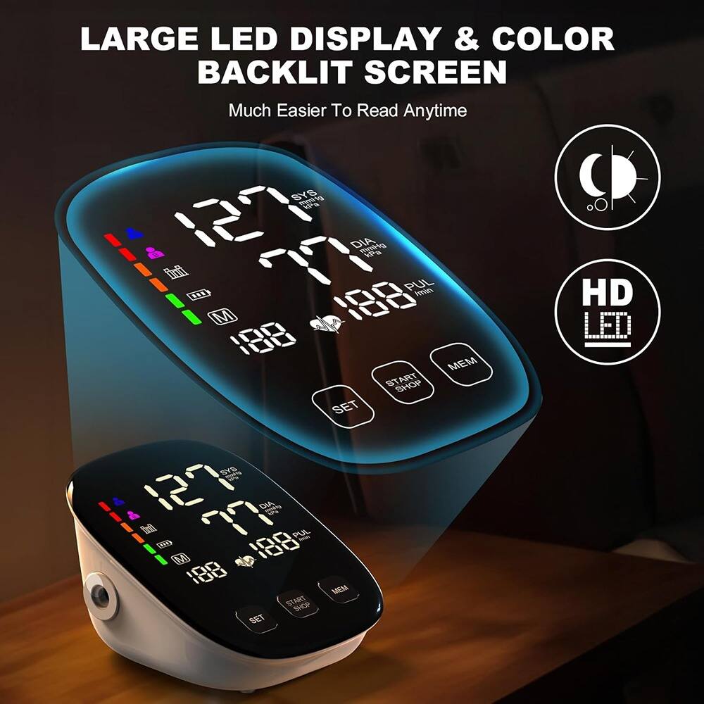 LARGE LED DISPLAY & COLOR BACKLIT SCREEN  
Much Easier To Read Anytime  

HD LED  

127  
SYS  
77  
DIA  
188  
PUL  

127  
SYS  
77  
DIA  
188  
PUL  

START  
STOP  
SET  
MEM