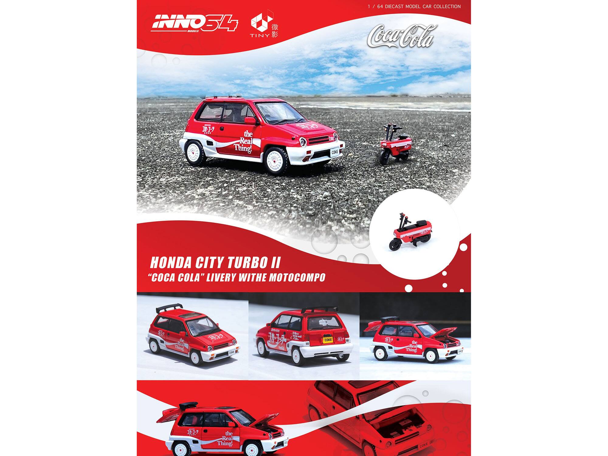 INNO 54 TINY  
MODEL CAR COLLECTION  

Coca-Cola  
the Real Thing!  

HONDA CITY TURBO II  
"Coca-Cola" LIVERY WITH MOTOCOMPO  

1/64 DIECAST