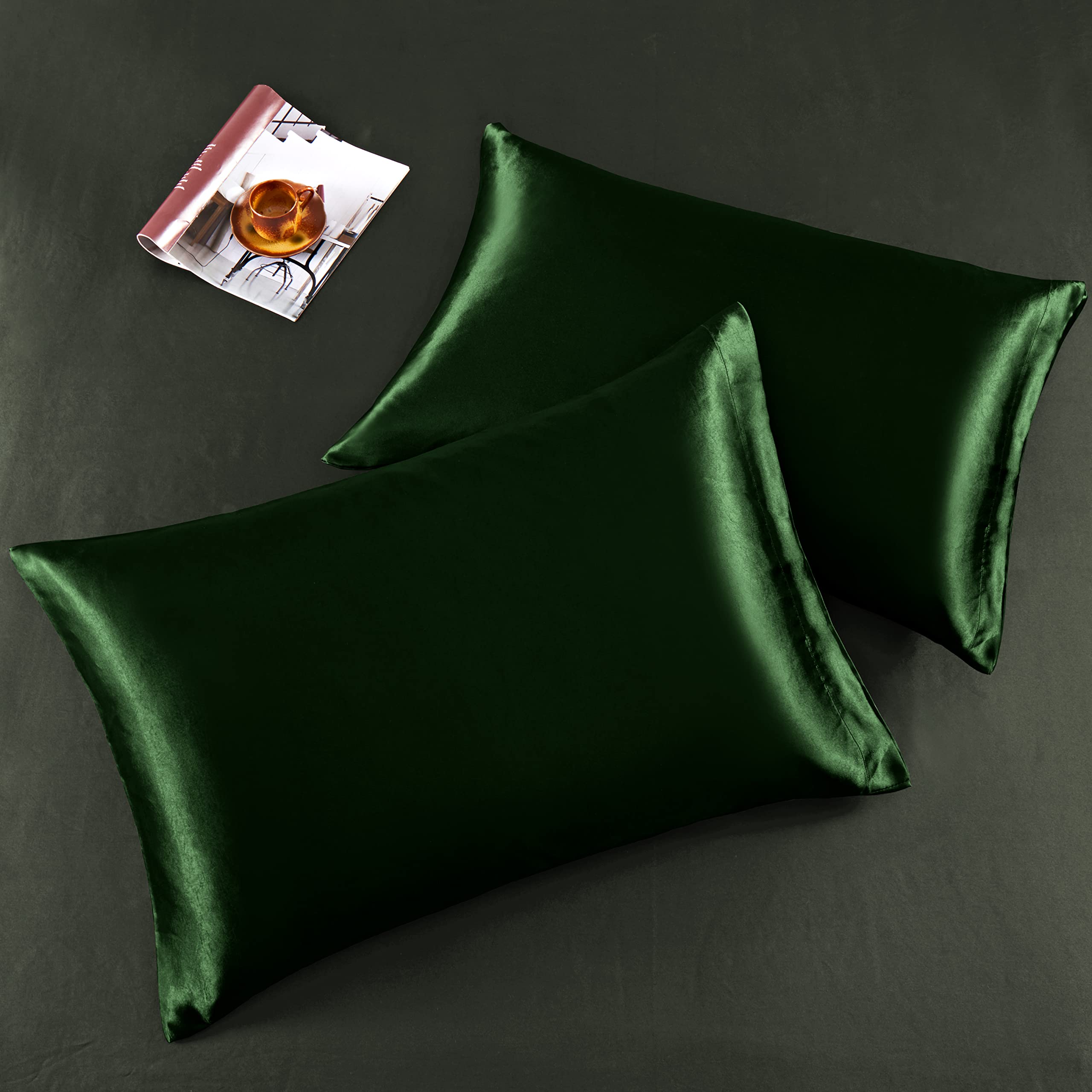 Alt View 2. Stylel Star - 6 Piece Satin Sheet Set Queen Size Luxury Silky & Soft Green Bed With 16" Deep Pocket  1 Fitted Flat 4 Pillowcases - Emerald Green-Queen.