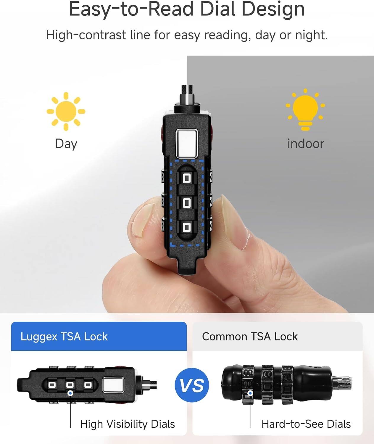 Easy-to-Read Dial Design  
High-contrast line for easy reading, day or night.  

Day indoor  

Luggex TSA Lock  
High Visibility Dials  

Common TSA Lock  
Hard-to-See Dials