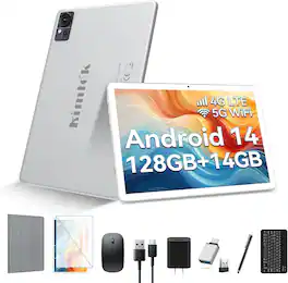 Kimlok - Tablet 10.1 inch Android 14 Tablets 2025 Newest Octa-Core Tableta, 128GB+14GB+1TB Expand, Tablet with Keyboard - Silver