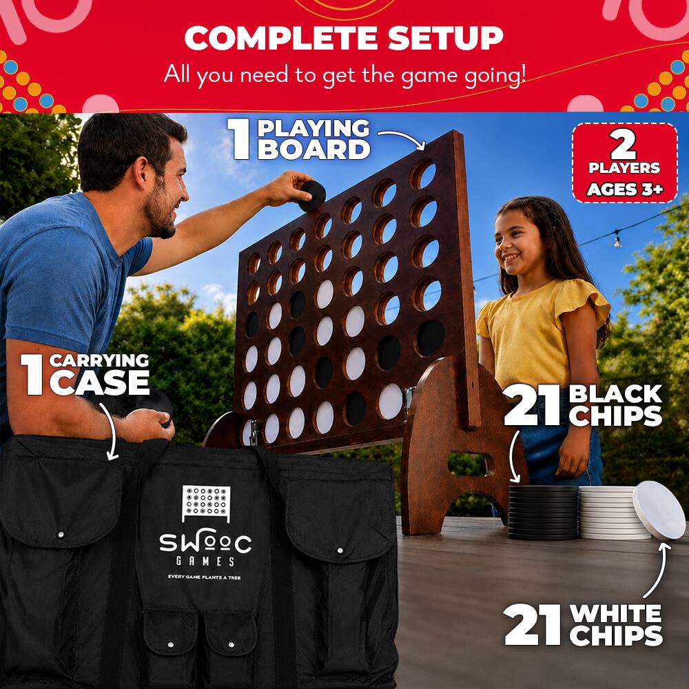 10 COMPLETE SETUP All you need to get the game going!  
1 PLAYING BOARD  
2 PLAYERS AGES 3+  
1 CARRYING CASE  
21 BLACK CHIPS  
21 WHITE CHIPS  
SWOOC GAMES EVERY GAME PLANTS A TREE