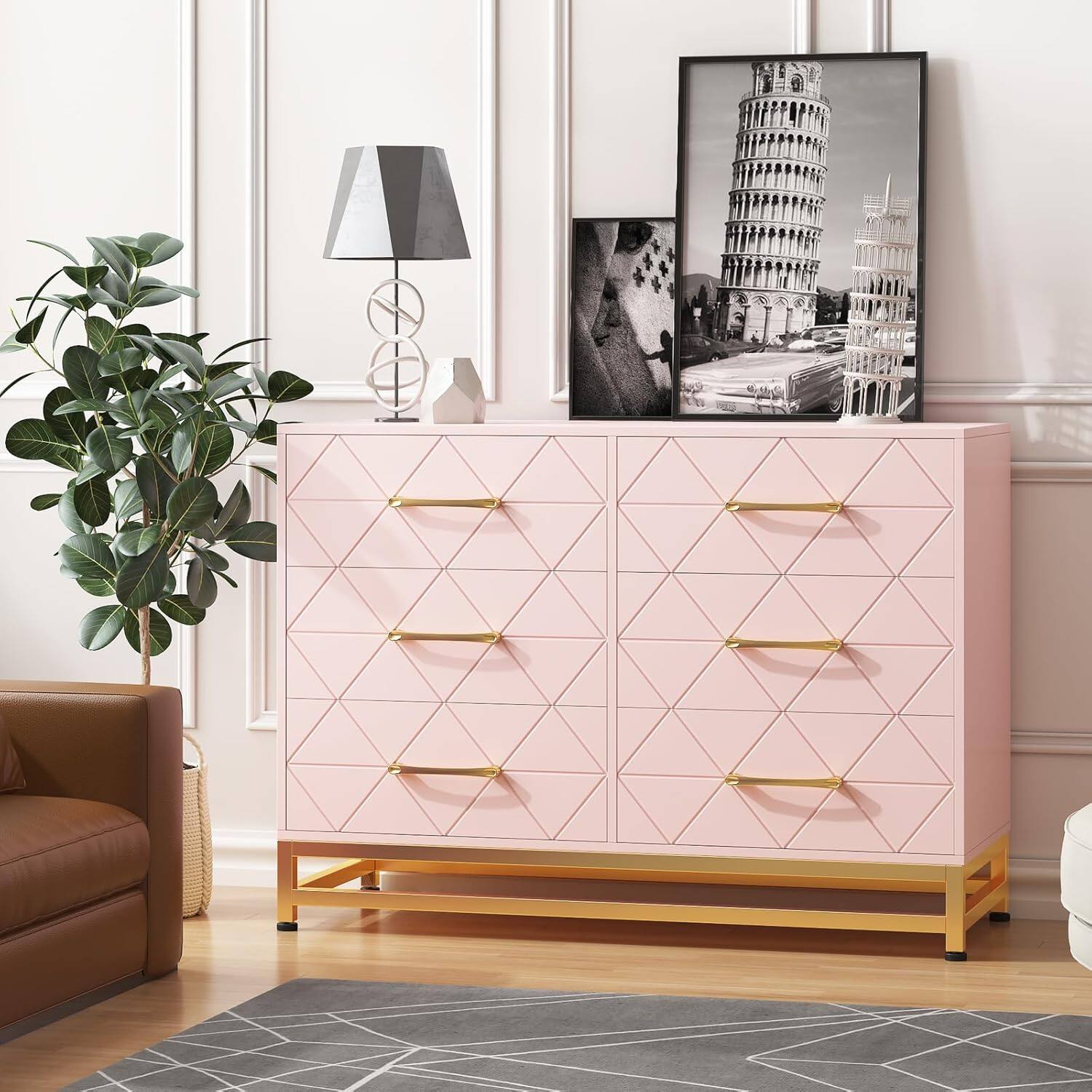 Left. GARVEE - Dresser for Bedroom with 6 Drawers, Wood Chest of Drawers, TV Stand, Morden Dresser for Closet, Living Room, Hallway - ‎Pink.