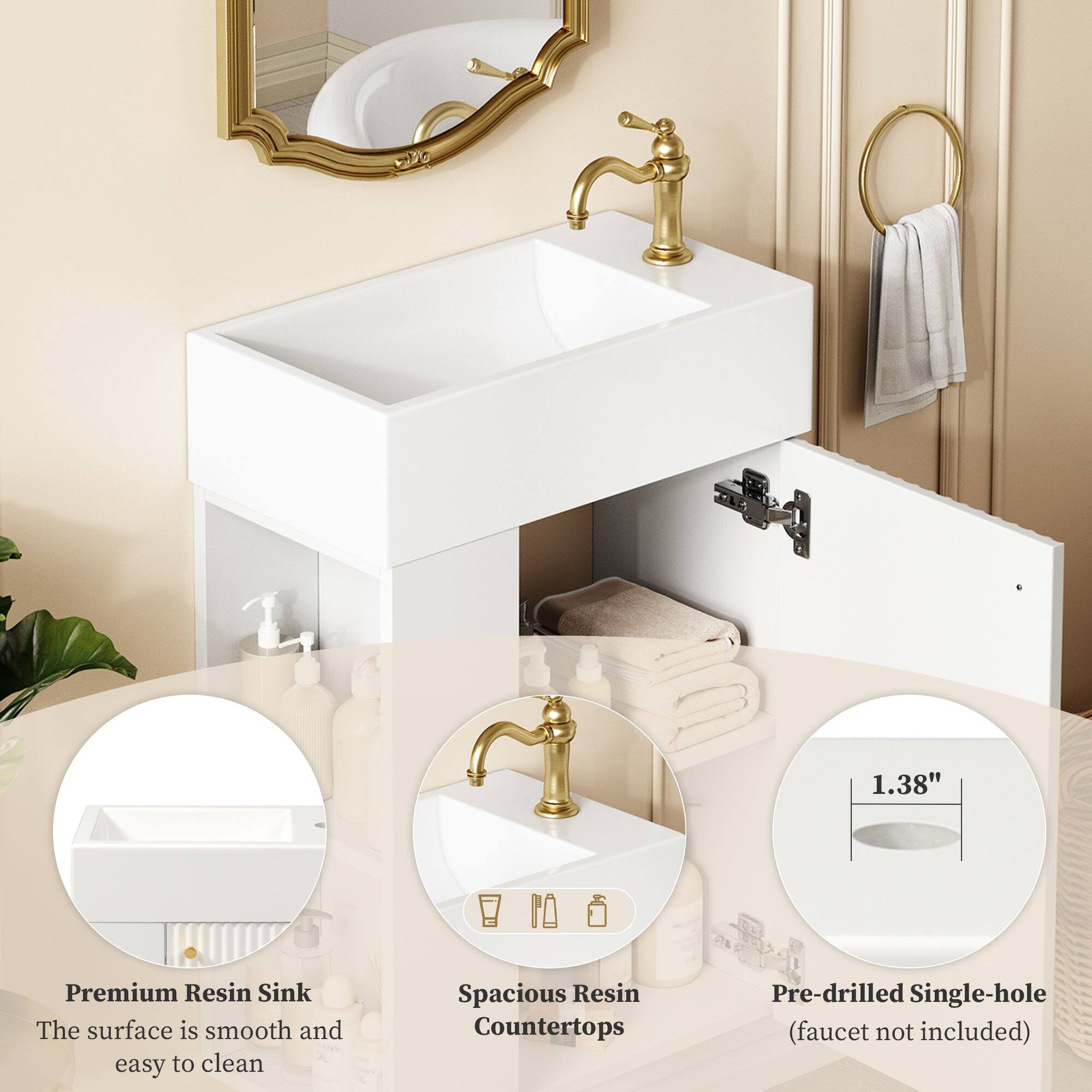 1.38" Premium Resin Sink  
The surface is smooth and easy to clean  
Spacious Resin Countertops  
Pre-drilled Single-hole (faucet not included)