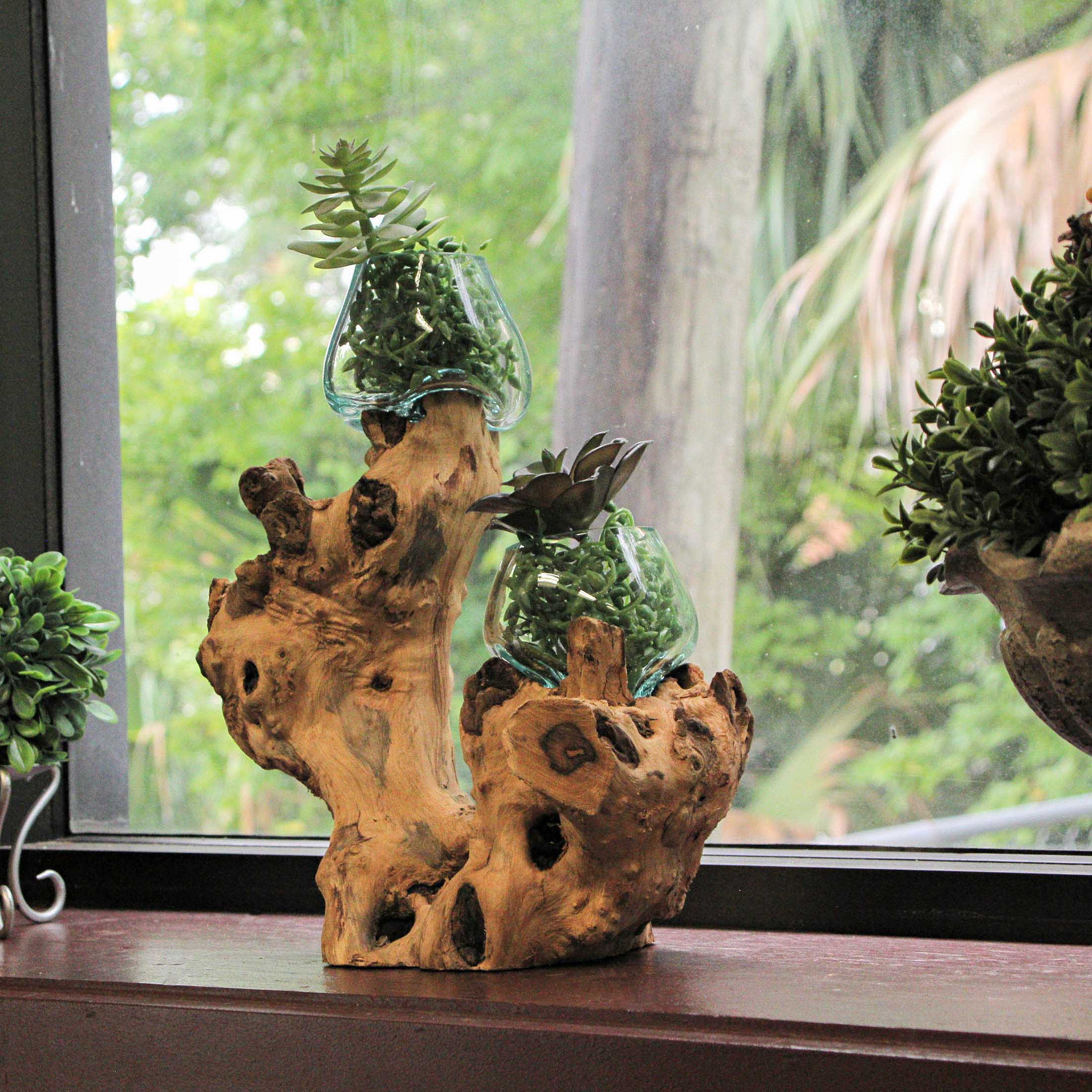 Alt View 5. Chesapeake Bay - Molten Glass On Root Wood Double Decorative Bowl Vase Plant Terrarium - Boho Style For Tabletops - Brown.