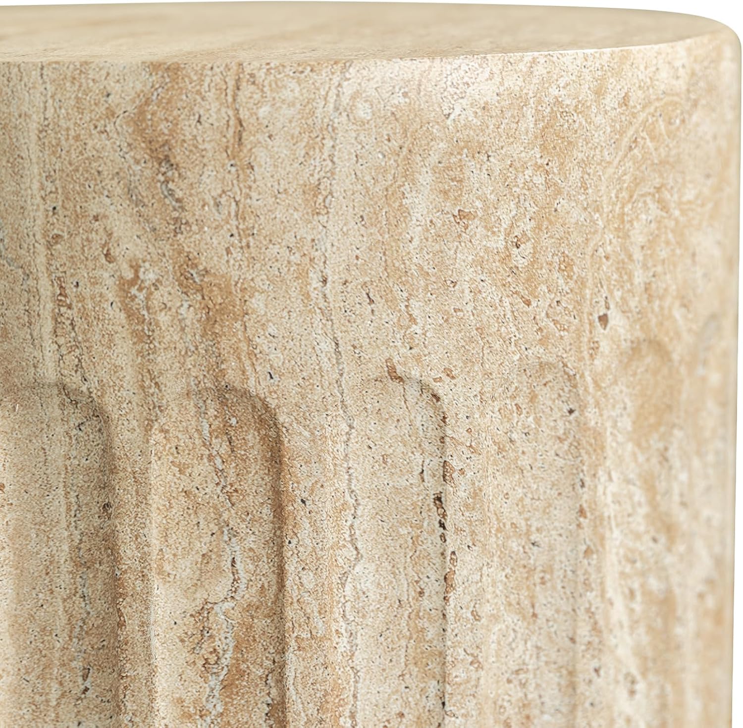Alt View 4. LeisureMod - Zenvio Scalloped Side Table, Round Grooved Fiberstone Indoor/Outdoor Modern Accent Table - No Assembly - Travertine.