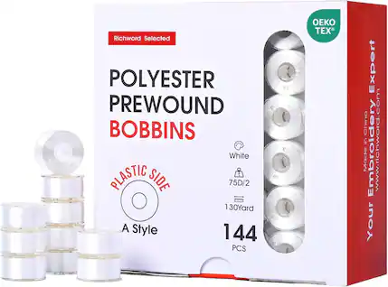 Richword embroidery machine 144 bobbins prewound plastic size A 75D/2 white for Brother Janome Poolin