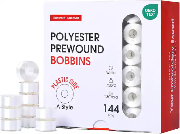 Richword Selected POLYESTER PREWOUND BOBBINS White PLASTIC SIDE 75D/2 130Yard A Style 144 PCS
Made in China
Embroidery Expert
www.richword.com