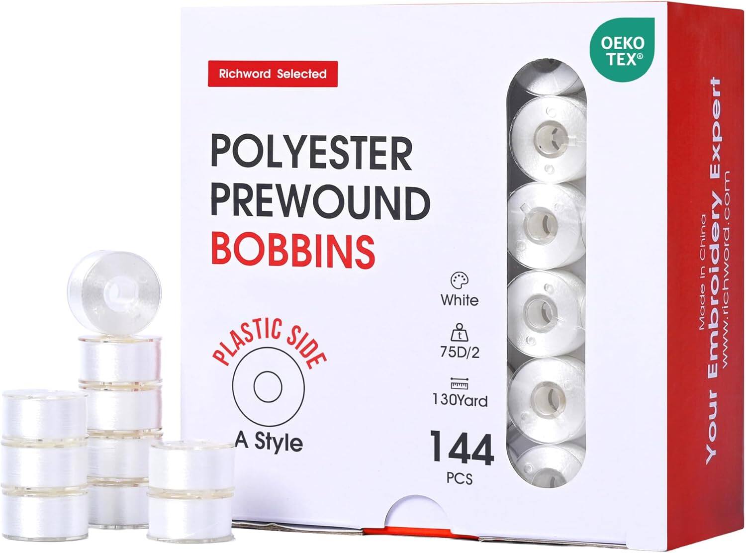 Richword Selected POLYESTER PREWOUND BOBBINS White PLASTIC SIDE 75D/2 130Yard A Style 144 PCS  
Made in China  
Embroidery Expert  
www.richword.com