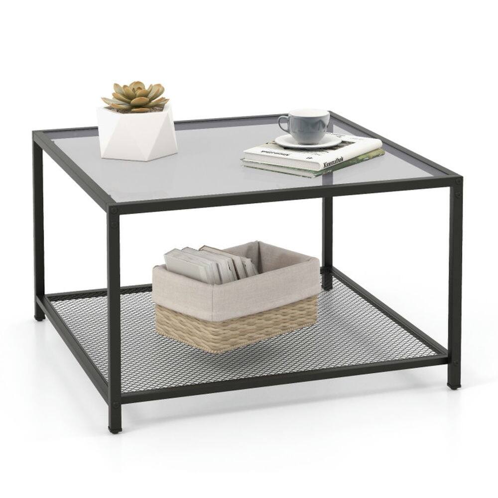 Alt View 2. Kadyn - Modern 2-Tier Square Glass Coffee Table with Mesh Shelf-Gray, Modern Coffee Table for Living Room Office Reception - Gray.