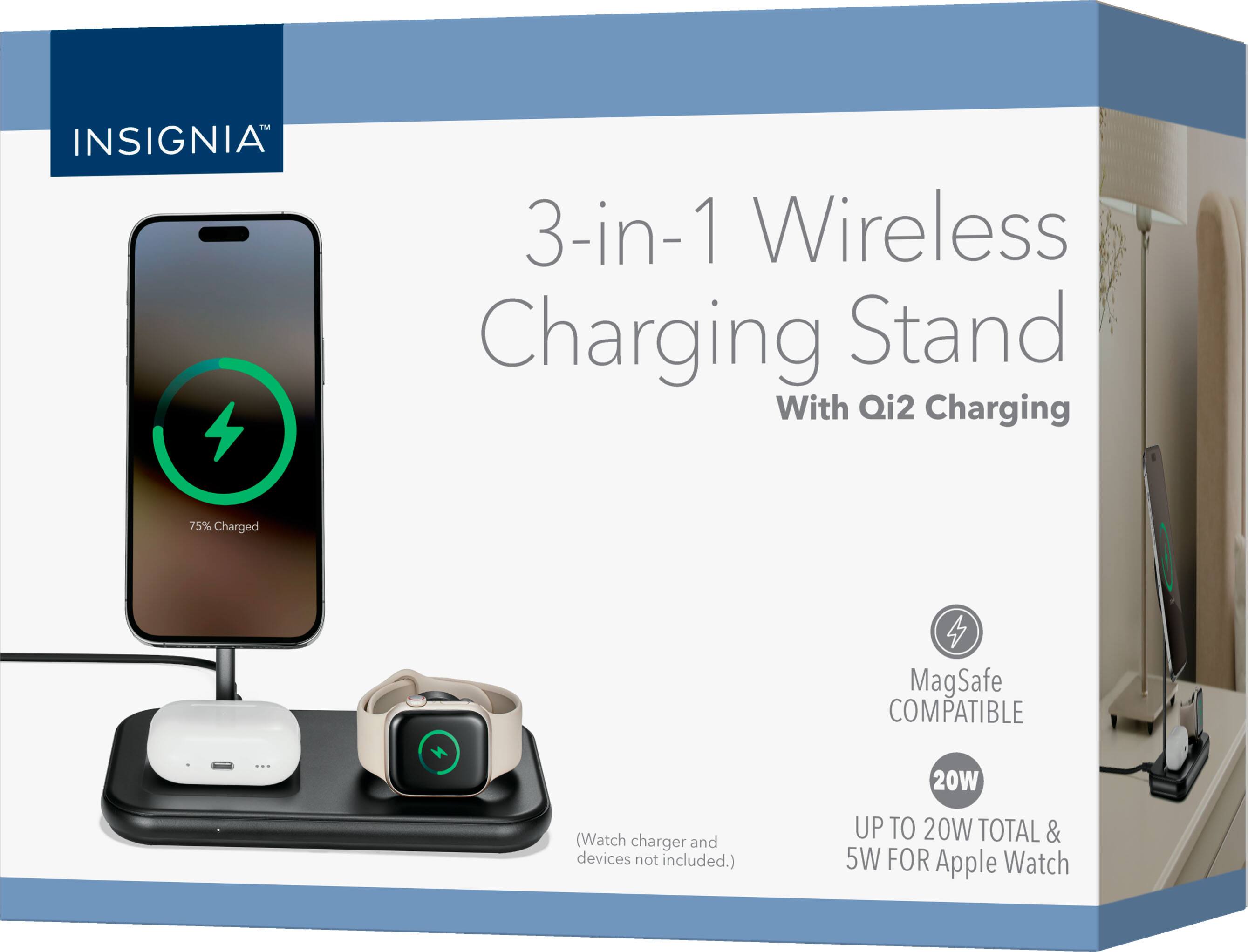 1 INSIGNIA 3-in-1 Wireless Charging Stand With Qi2 Charging 75% Charged MagSafe COMPATIBLE: 20W (Watch charger and devices not included.) UP TO 20W TOTAL & 5W FOR Apple Watch