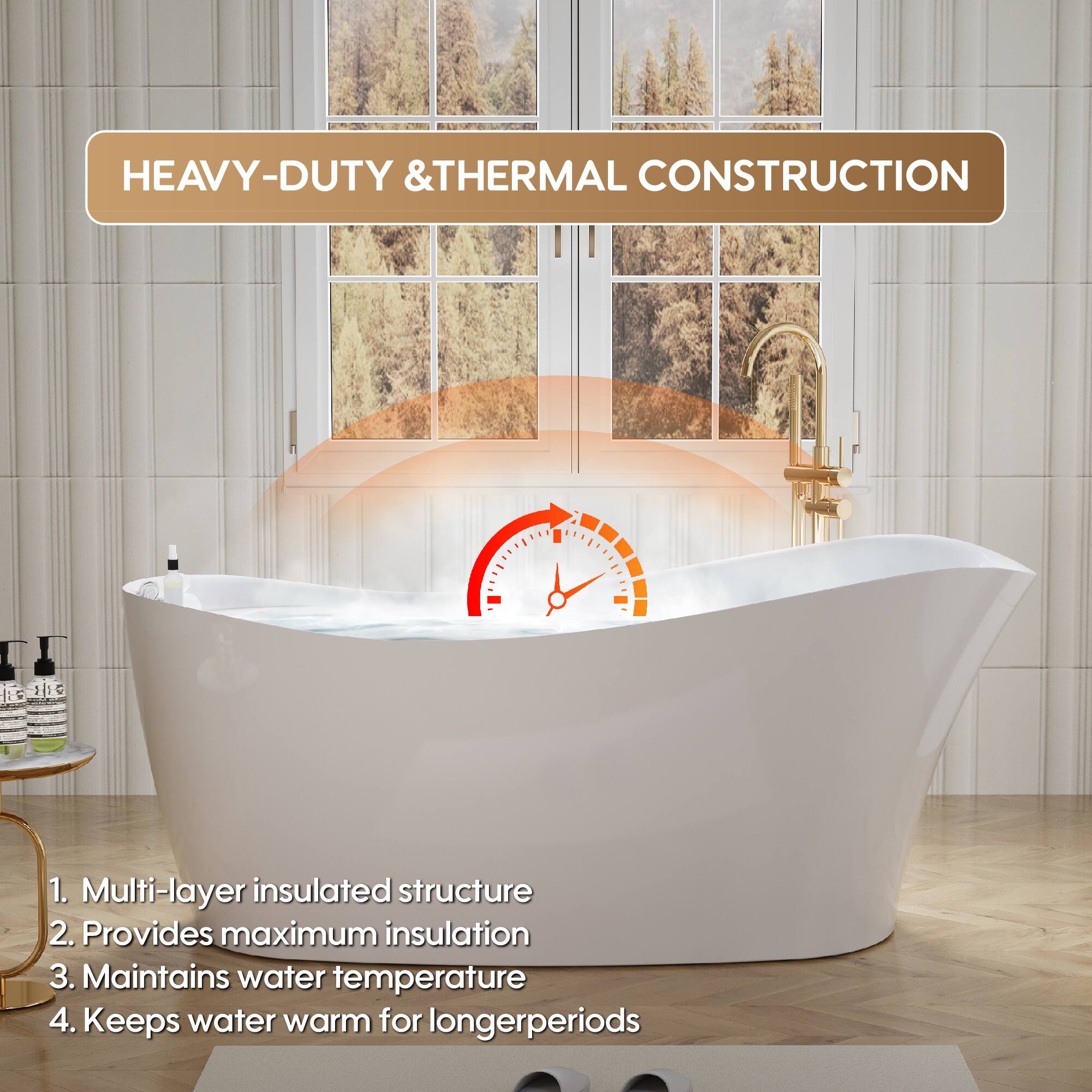 HEAVY-DUTY & THERMAL CONSTRUCTION

1. Multi-layer insulated structure
2. Provides maximum insulation
3. Maintains water temperature
4. Keeps water warm for longer periods
