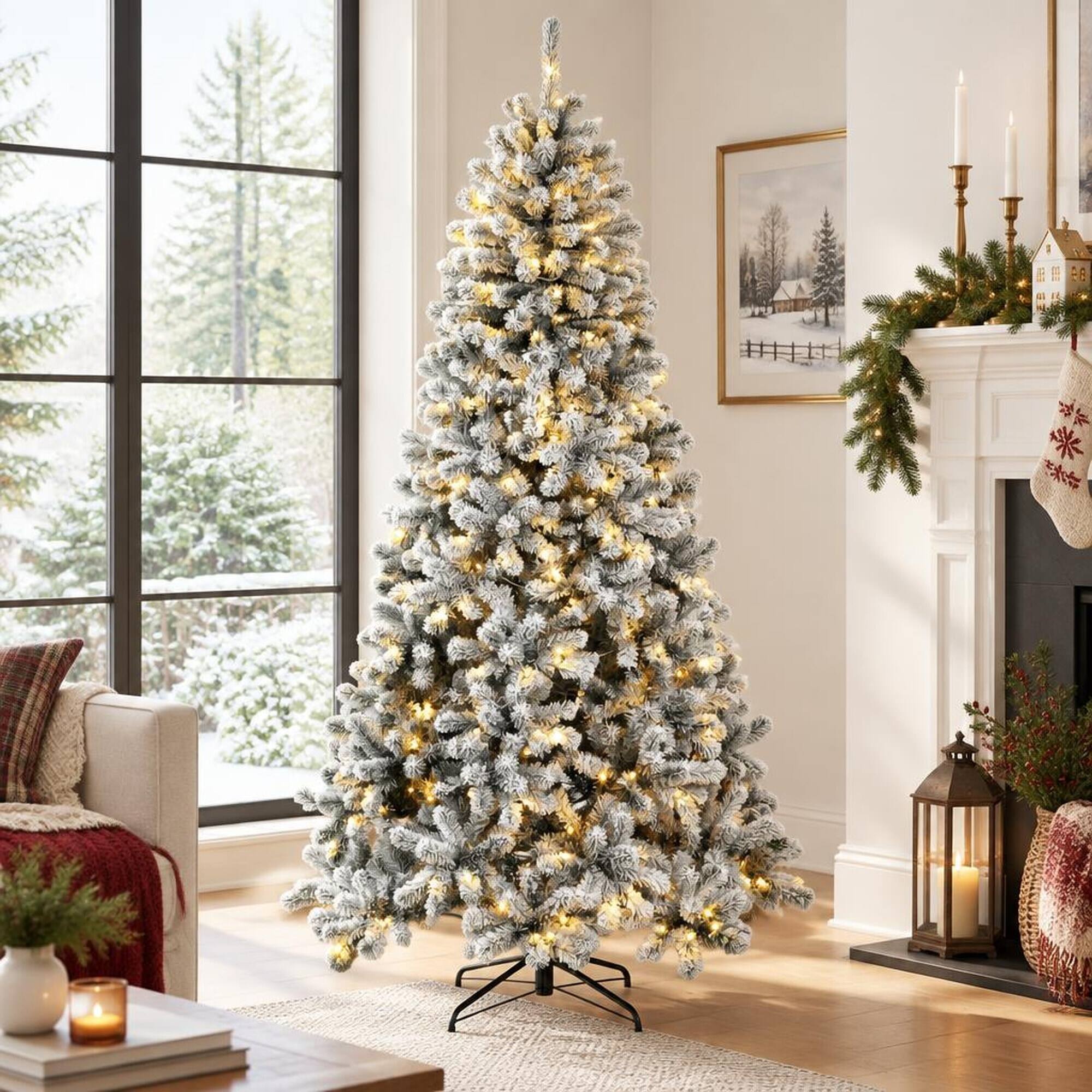 Angle. RYHNUYNE - 6FT Pre-Lit Flocked Northern Pine Christmas Tree With Realistic Curved Tips and Pre-Strung LED Lights - Green,White.