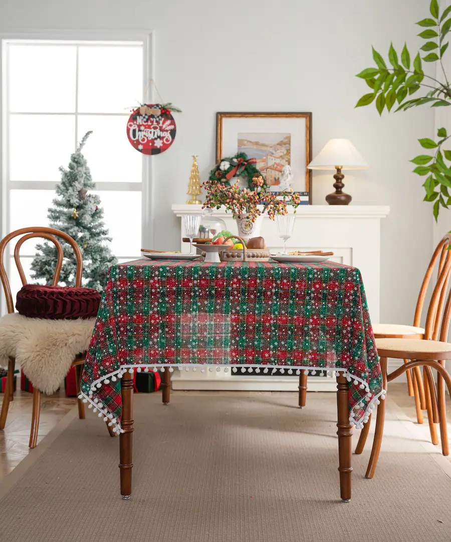 White Long Rextangle Oumilen 59x118in Rectangle Christmas Red & Green Plaid Tablecloth with ...