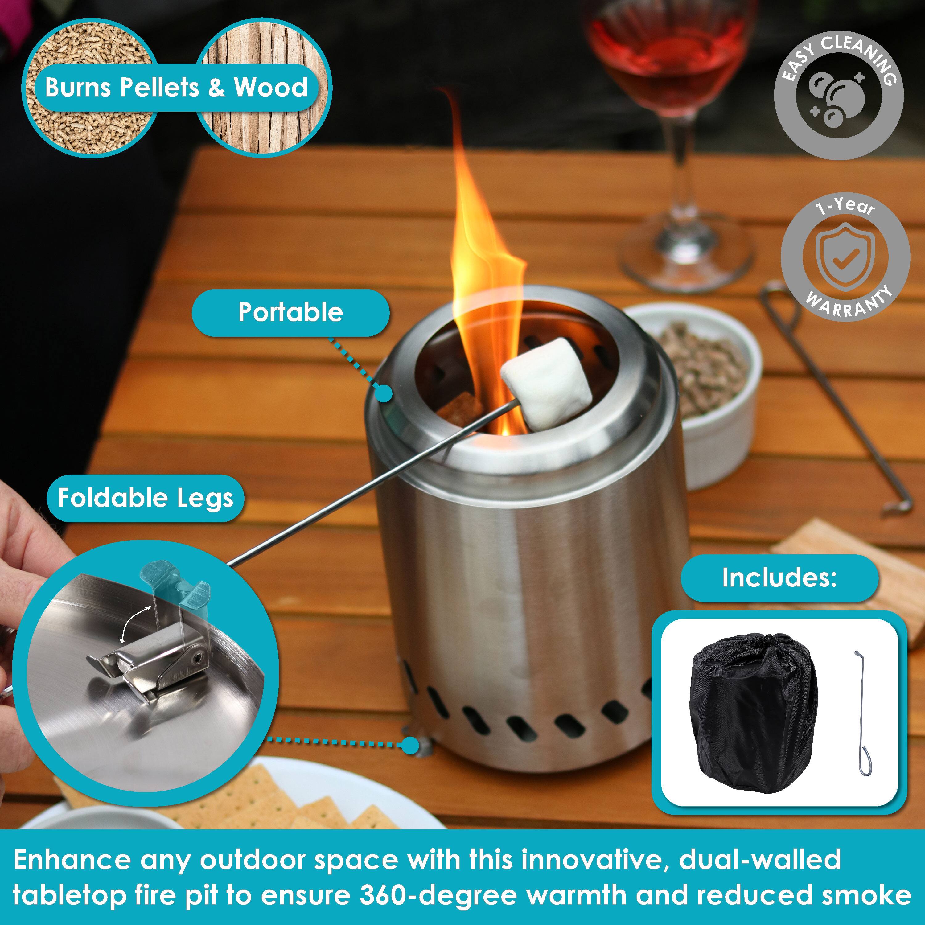 - Burns Pellets & Wood
- Portable
- Foldable Legs
- Easy Cleaning
- 1-Year Warranty
- Includes: (Image of a cover and tool)

Enhance any outdoor space with this innovative, dual-walled tabletop fire pit to ensure 360-degree warmth and reduced smoke.