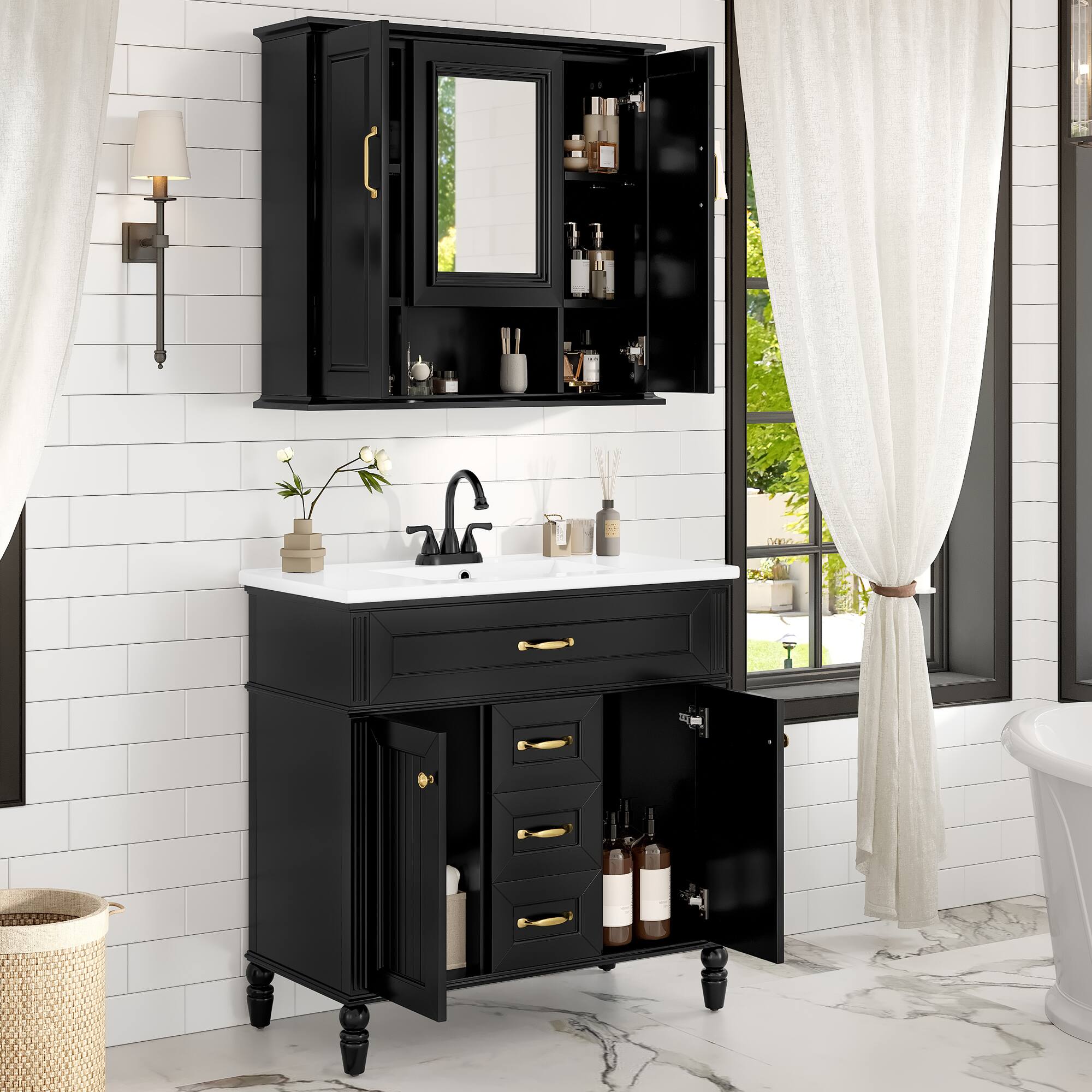 Back. TinyHomie - 36in Medicine Cabinet Wall Mounted Storage Cabinet with Mirror Mirror Cabinet with 3 Doors Not Include Bathroom Vanity - Black.