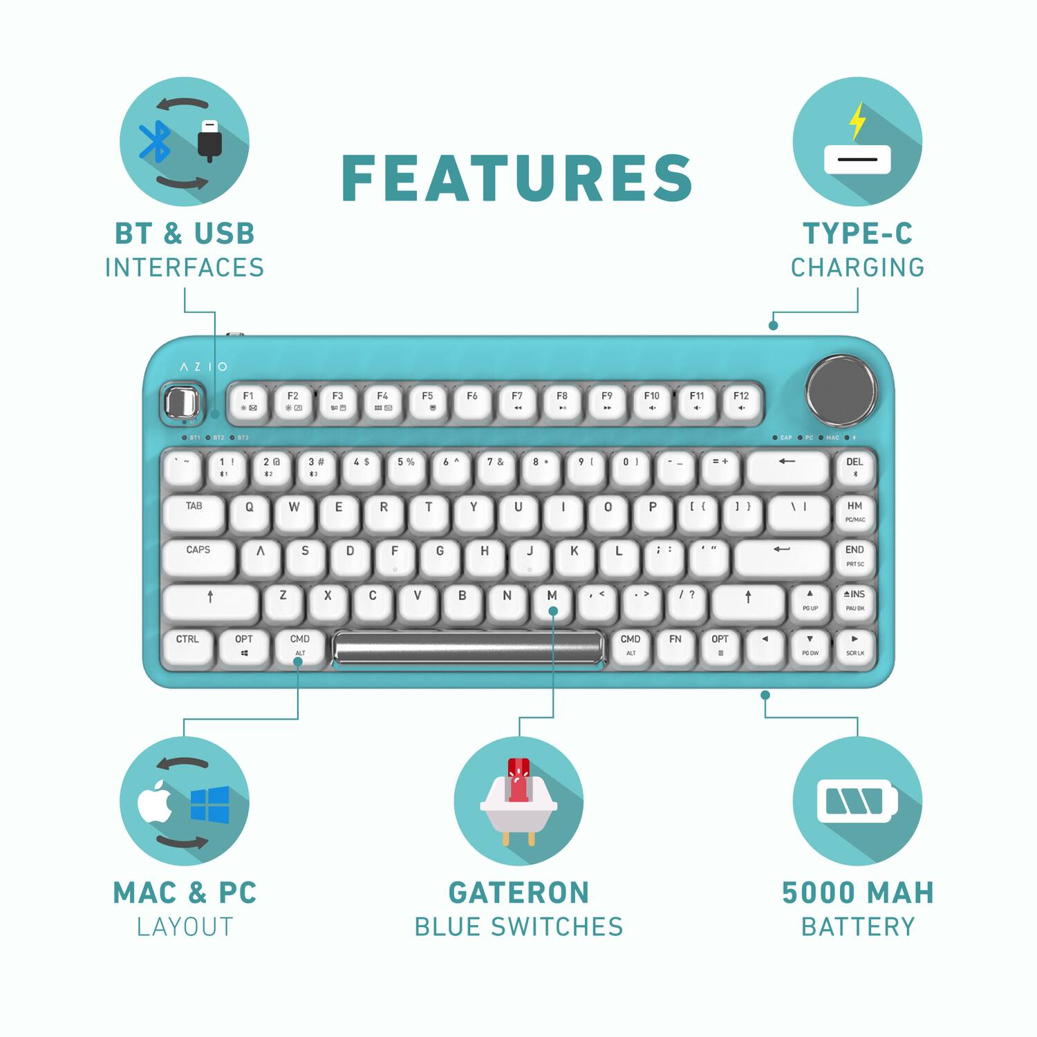 FEATURES  
- BT & USB INTERFACES  
- TYPE-C CHARGING  
- MAC & PC LAYOUT  
- GATERON BLUE SWITCHES  
- 5000 MAH BATTERY