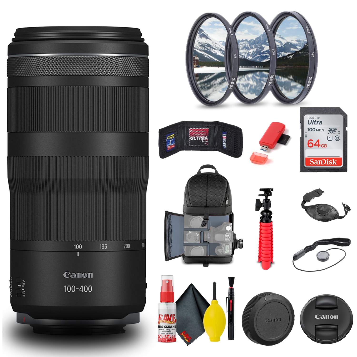 Canon - RF 100-400mm f/5.6-8 IS USM Lens (5050C002) + Filter Kit + BackPack + More - Black