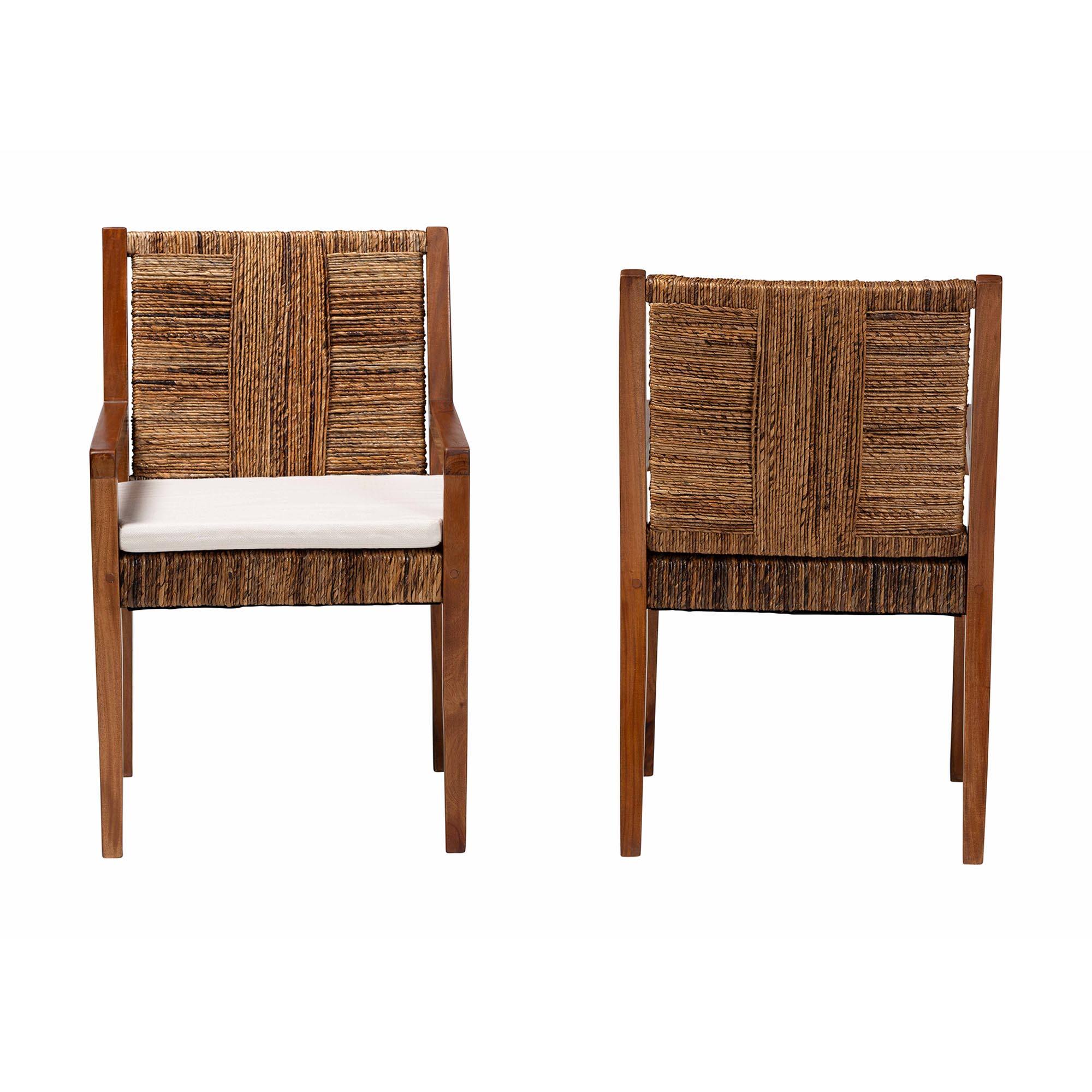 Angle. bali & pari - Chabela 2-Piece Handwoven Seagrass Armchairs - Solid Mango Wood Frame Dining Chair with Woven Seat and Backrest - Natural Brown/Medium Brown.