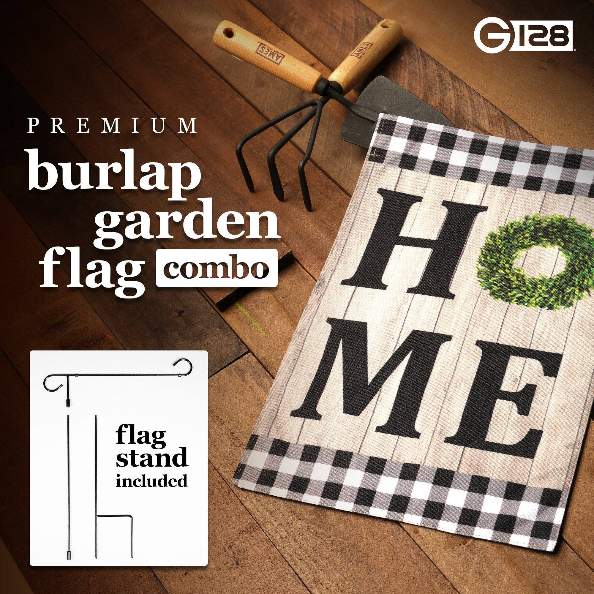 PREMIUM burlap garden flag combo  
flag stand included