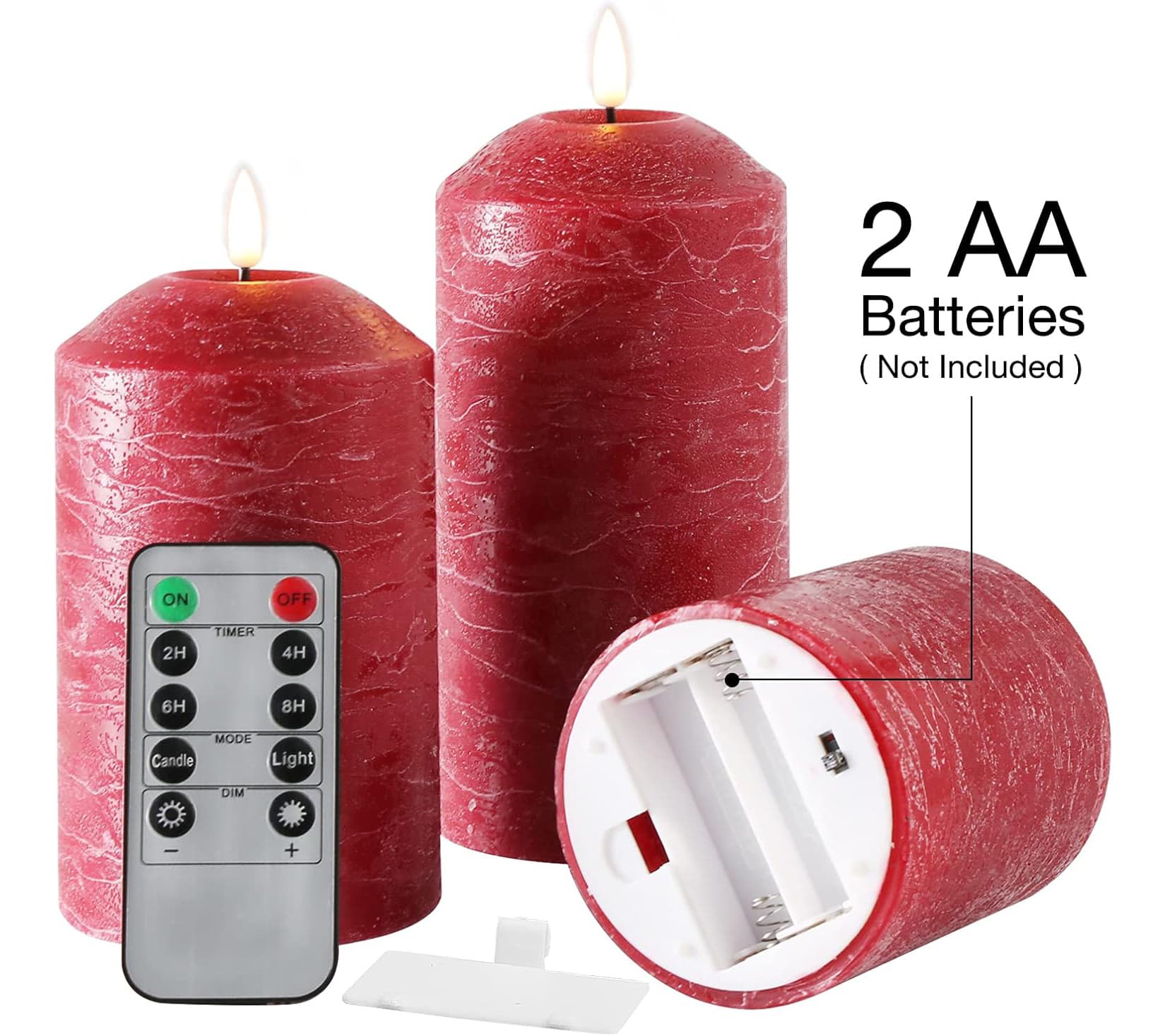 2 AA Batteries (Not Included)  
ON OFF  
2H TIMER 4H 6H 8H  
MODE Candle Light DIM  
I +