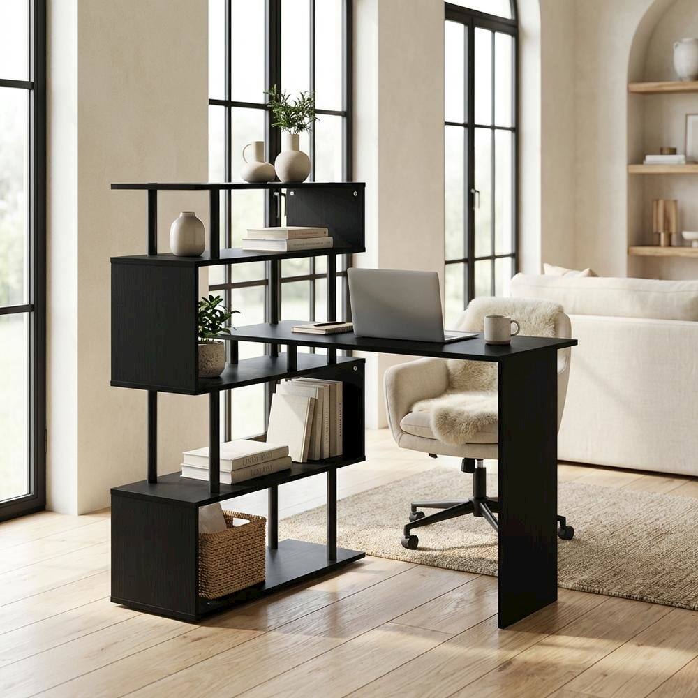 Left. BisonOffice - L-Shaped Computer Desk with 5-Tier Shelves, Amber Finish, Space-Saving Workspace - Americano/Black.