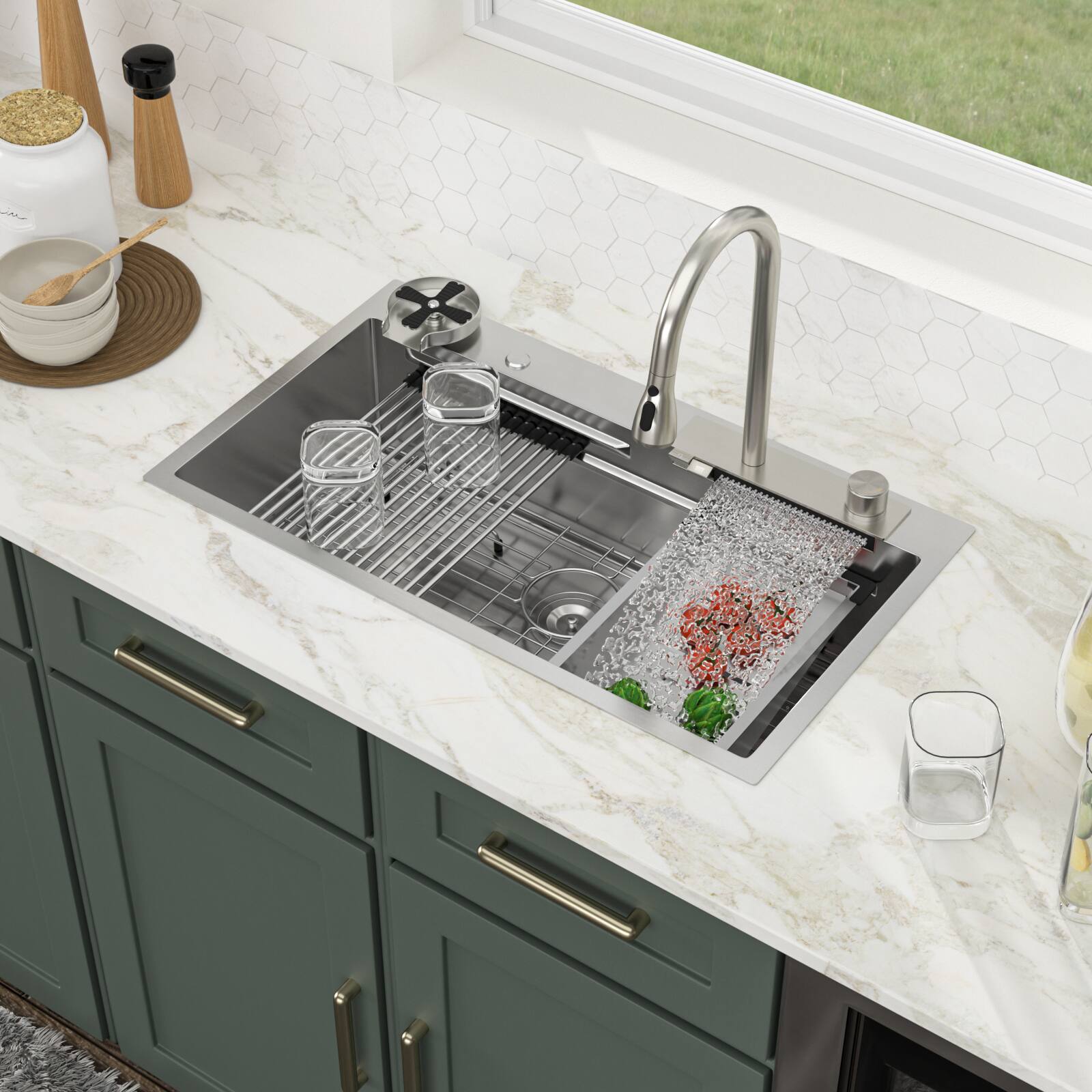 Left. Lordear - 33x19x9 Inch Drop-In Single Bowl 16-Gauge Stainless Steel Brushed Workstation Waterfall Kitchen Sink with Faucet Combo - Brushed Nickel.