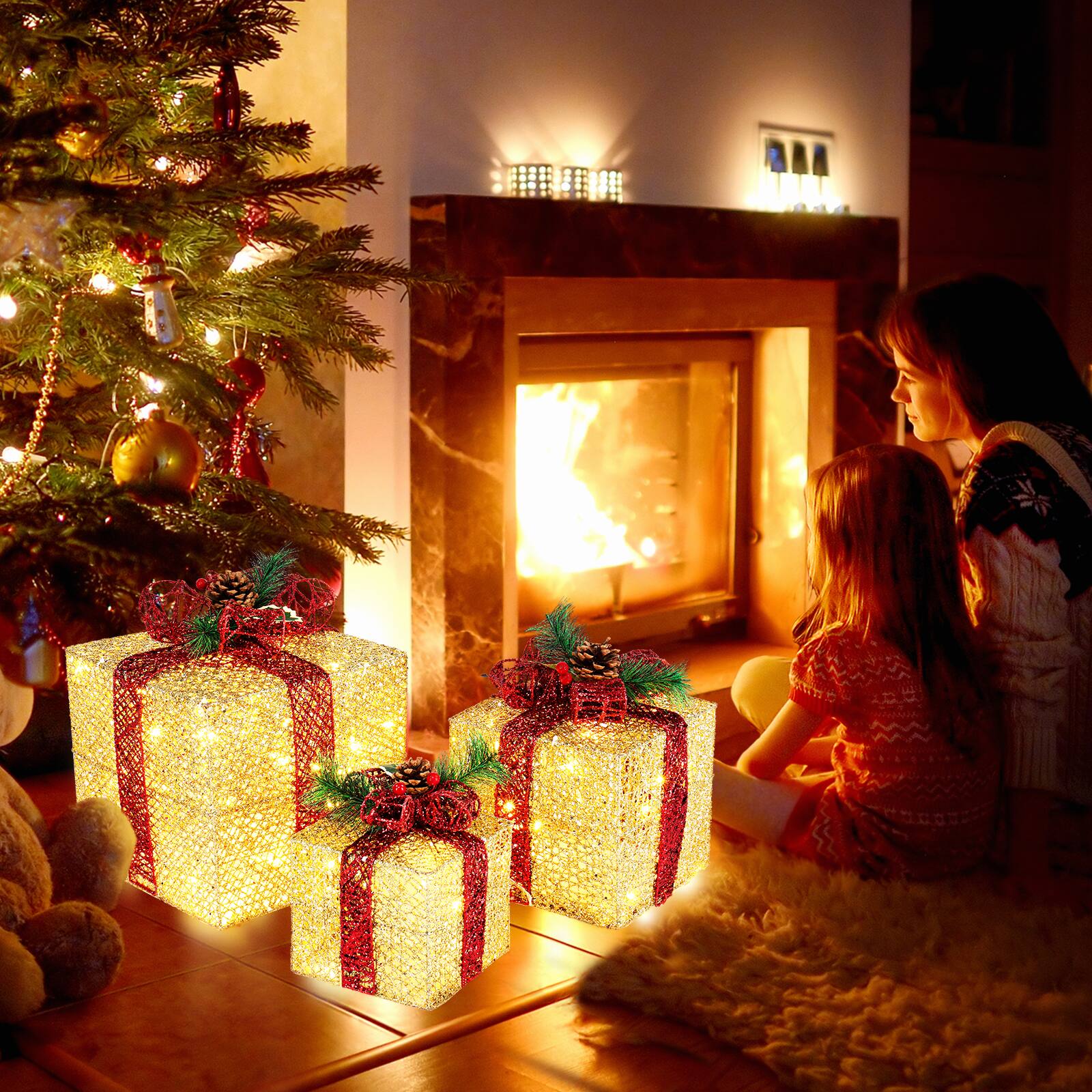 Alt View 7. Winado - 3 PCS Lighted Gift Boxes Christmas Decorations with LED Warm White Lights for Holiday - Golden.