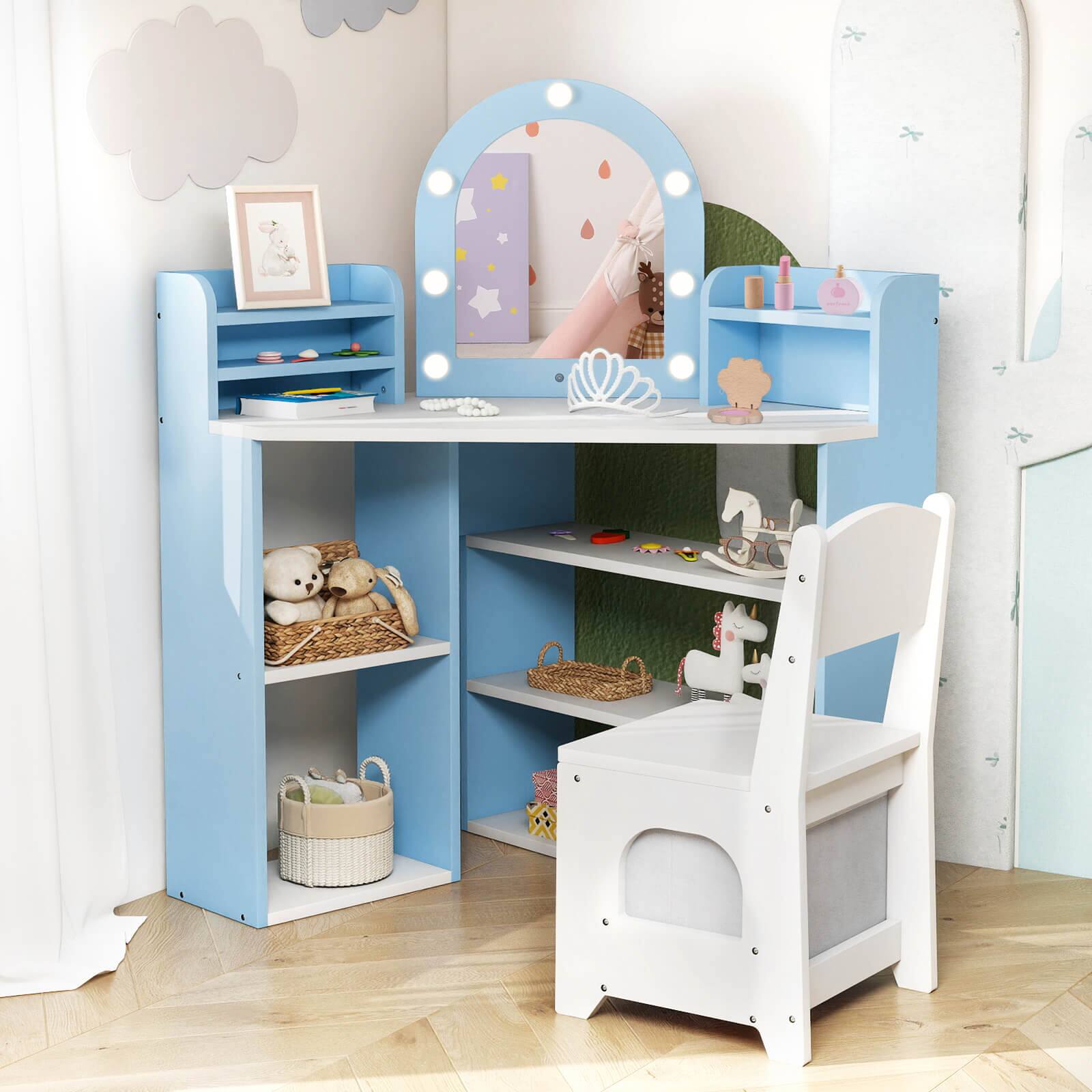 Alt View 1. Costway - Costway Corner Kids Vanity with Lights, 3 Storage Shelves, 5 Open Compartments, Accessories - Blue + White.