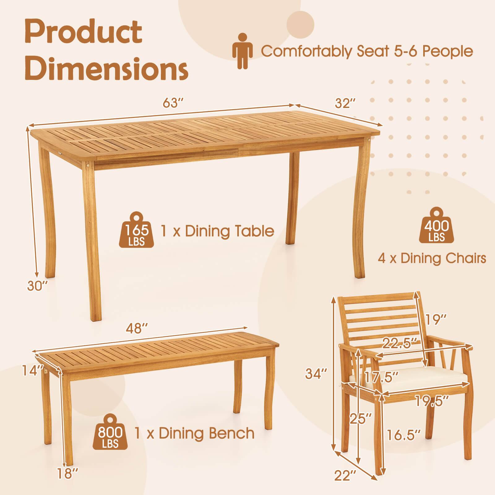 Product Dimensions  
Comfortably Seat 5-6 People  

1 x Dining Table  
Dimensions: 63" x 32" x 30"  
Weight Capacity: 400 LBS  

4 x Dining Chairs  
Dimensions: 34" x 17.5" x 19.5" x 25" x 16.5" x 22"  
Weight Capacity: 165 LBS  

1 x Dining Bench  
Dimensions: 48" x 14" x 18"  
Weight Capacity: 800 LBS