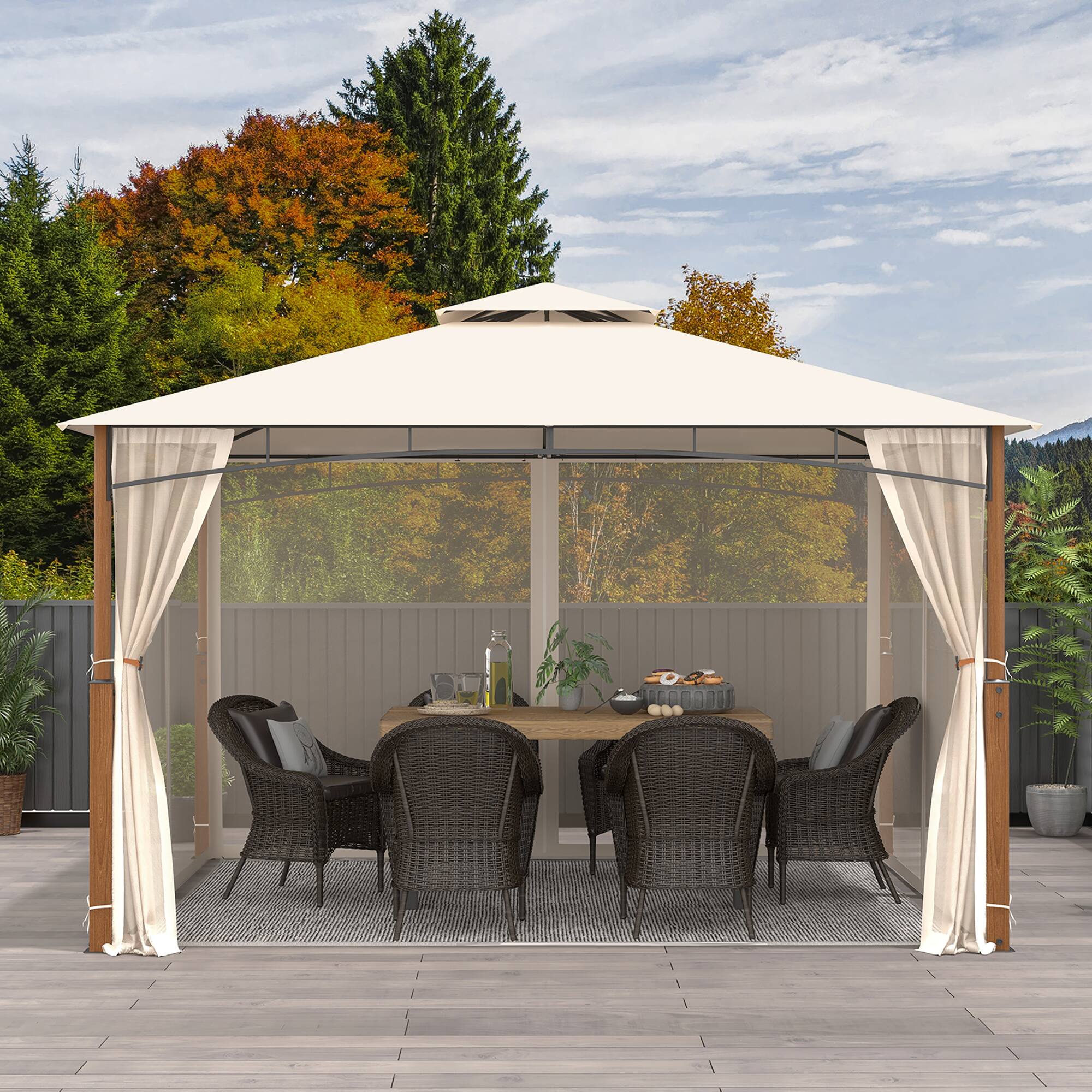 Alt View 4. Gymax - Gymax 12' x 10' Outdoor Patio Gazebo w/ Netting 2-Tier Canopy Roof Metal Frame - Beige, Natural.