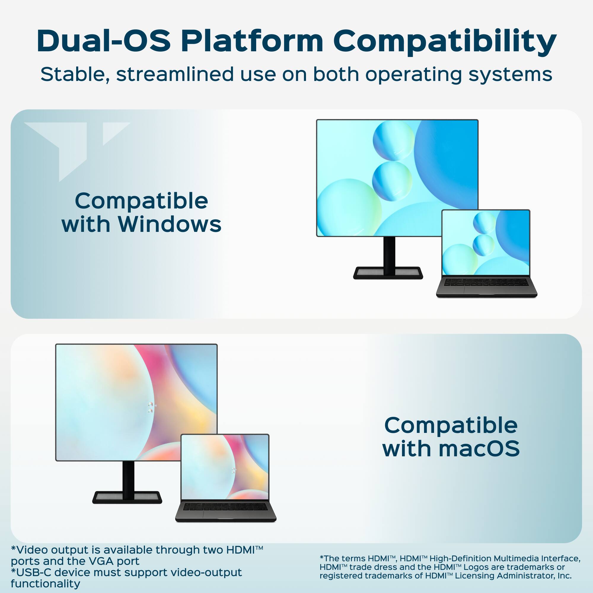 Dual-OS Platform Compatibility  
Stable, streamlined use on both operating systems  

Compatible with Windows  
Compatible with macOS  

*Video output is available through two HDMI™ ports and the VGA port  
*USB-C device must support video-output functionality  

*The terms HDMI™, HDMI™ High-Definition Multimedia Interface, HDMI™ trade dress and the HDMI™ Logos are trademarks or registered trademarks of HDMI™ Licensing Administrator, Inc.