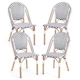 Costway - Set of 4 French Bistro Chairs, Outdoor Armless Dining Chairs with Handwoven Rattan and Galvanized Metal Frame - Black & White