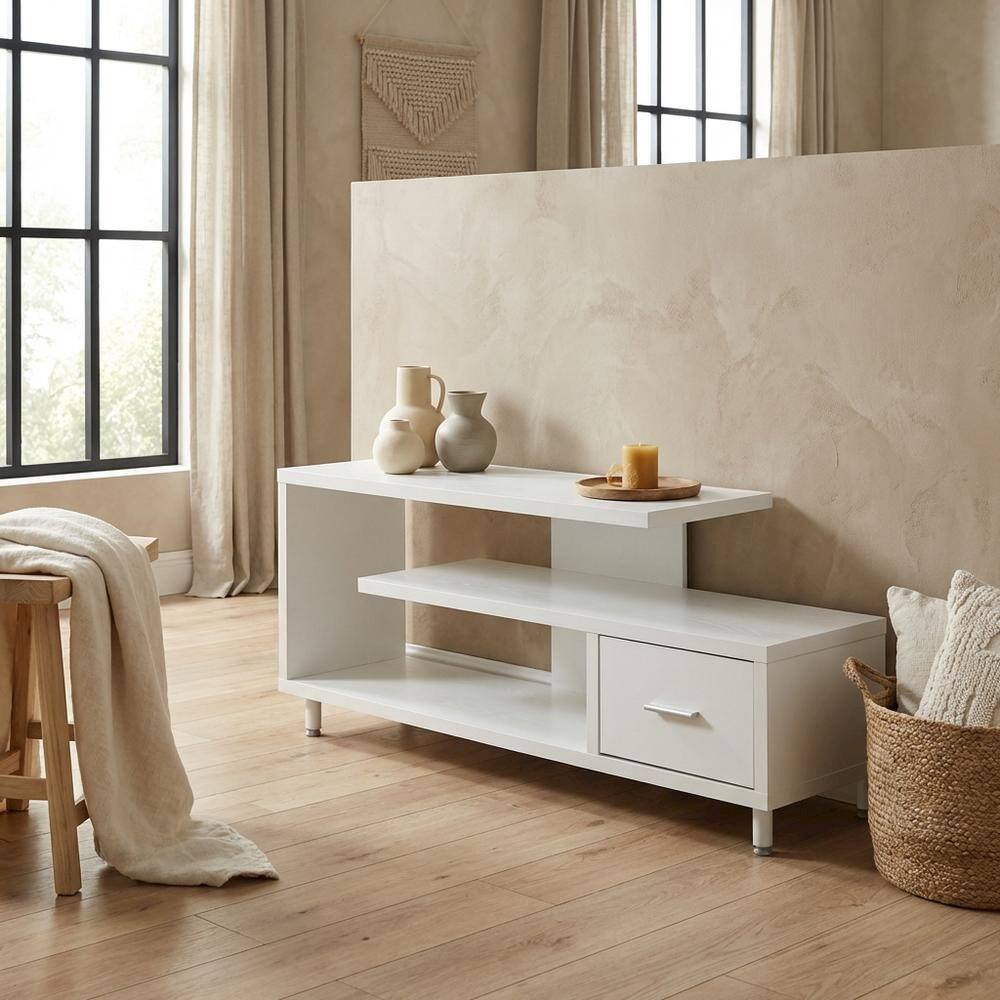 Alt View 2. FurniFact - White 1-Drawer TV Stand with Shelves for TVs Up to 65 Inches, Contemporary Style - White.