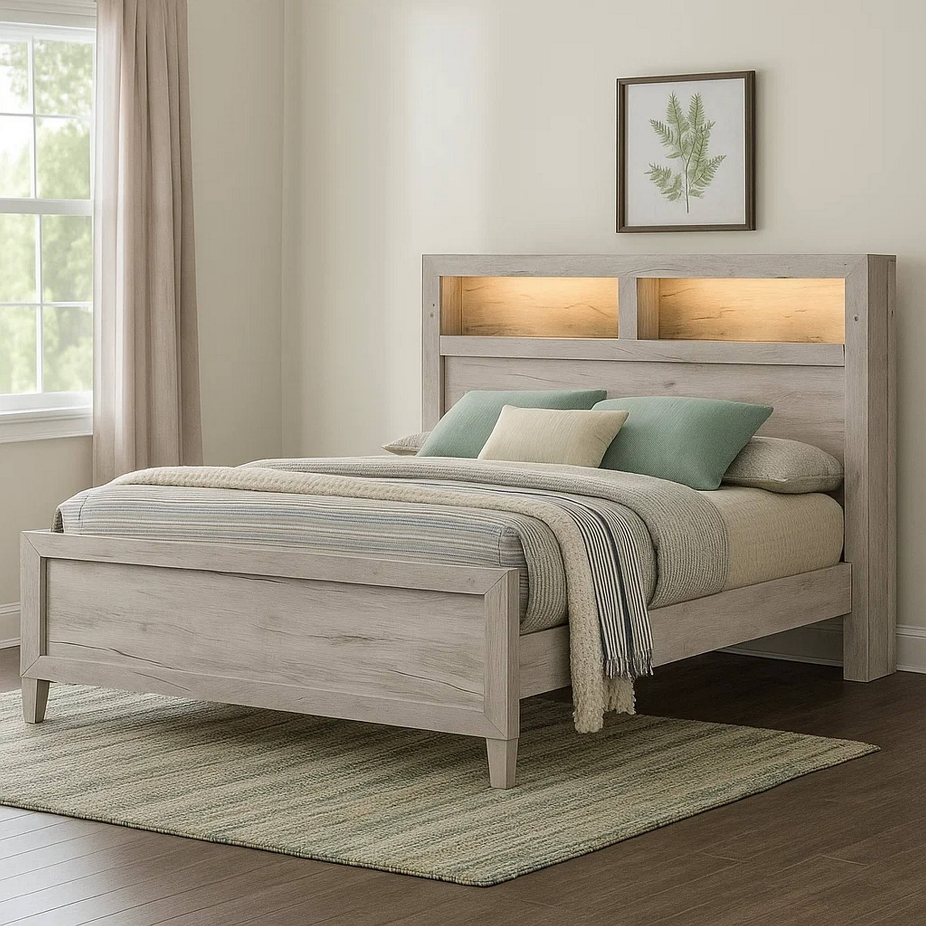 Manhattan Lane Miot Queen Size Bed w Headboard Shelves, Weathered Tone ...