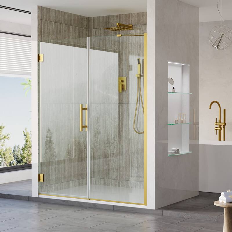 Angle. WELLFOR - 58–59 in. W x 72 in. H Frameless Hinged Shower Door with 3/8" Clear Tempered Glass, Reversible Opening - Brushed Gold.