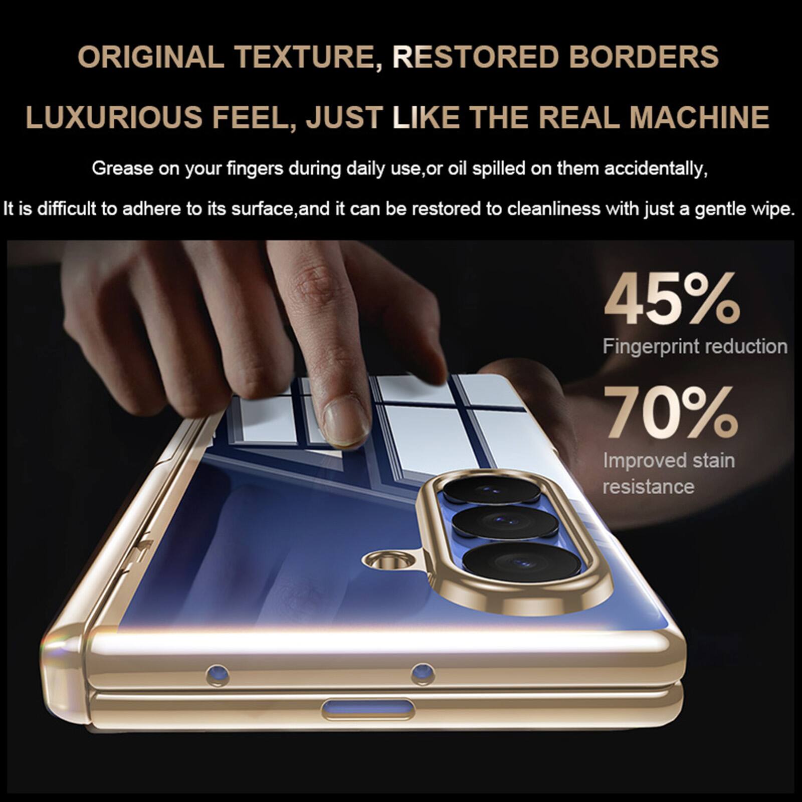 ORIGINAL TEXTURE, RESTORED BORDERS  
LUXURIOUS FEEL, JUST LIKE THE REAL MACHINE  

Grease on your fingers during daily use, or oil spilled on them accidentally, it is difficult to adhere to its surface, and it can be restored to cleanliness with just a gentle wipe.  

45% Fingerprint reduction  
70% Improved stain resistance