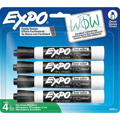 **EXPO**
**Easily Erases**
**Efface Facilement**
**Se Borra con Facilidad**
**Our Most Vibrant Ink**
**Notre Tinte la Plus Vibrante**
**Nuestra Tinta Más Vibrante**
**low odor**
**chisel**
**CONT.**
**4 CT**
**PCAS**
**Dry Erase Markers**
**Marqueurs Effaçables à Sec**
**Marcadores Borrables**
**80661A**