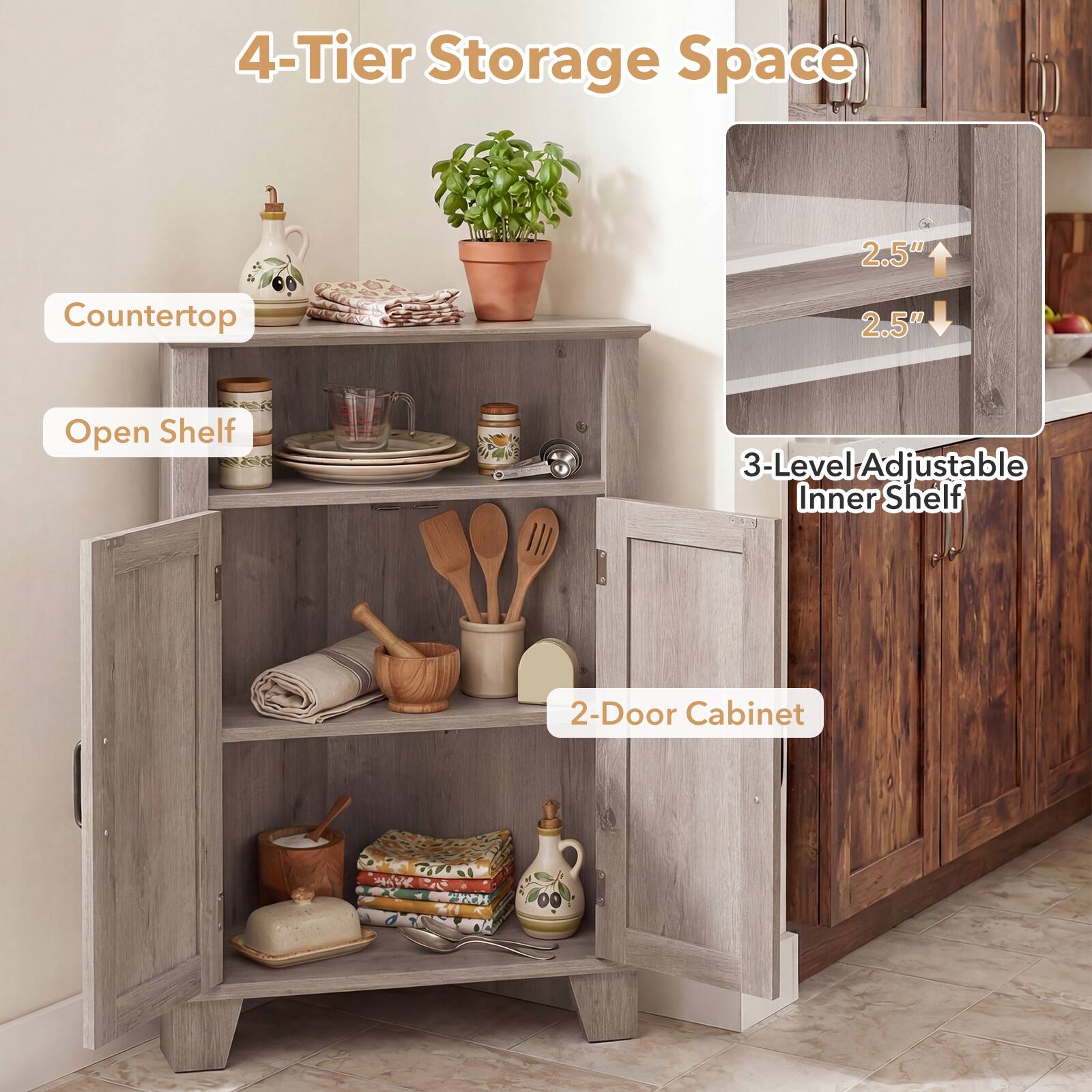 4-Tier Storage Space  
2.5" Countertop  
2.5" Open Shelf  
3-Level Adjustable Inner Shelf  
2-Door Cabinet