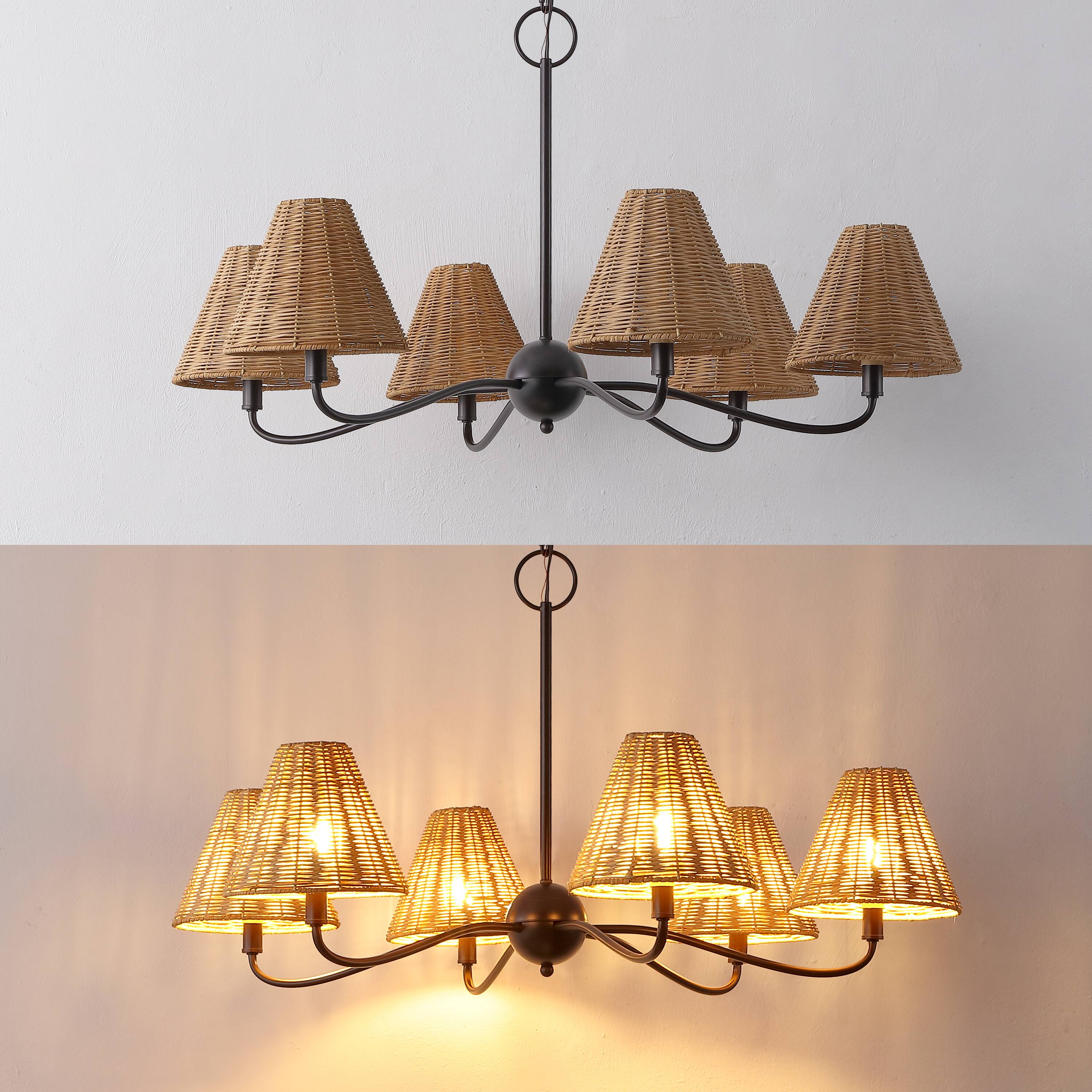 Alt View 3. Jonathan Y - Grady 35" 6-Light Adjustable Swooping Arm Metal with Hand-Woven Rattan Shades LED Chandelier, Black/Brown - Oil Rubbed Bronze.
