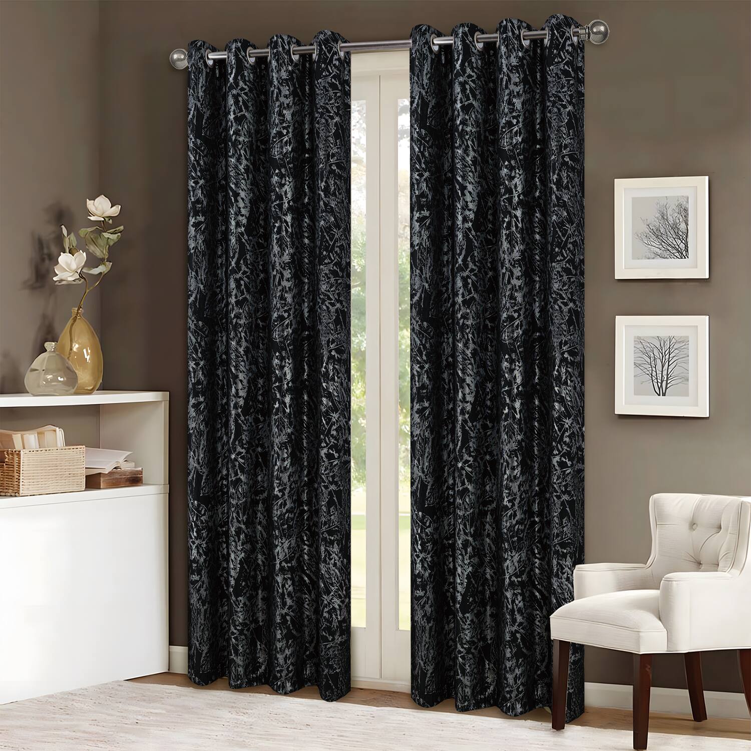 Angle. RT Designers Collection - RT Designers Collection Brighton Foil Jacquard Polyester Window Curtain Grommet Panel 52" x 84" Black - Black.