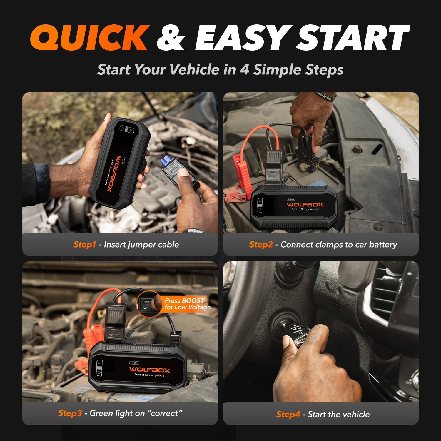 QUICK & EASY START  
Start Your Vehicle in 4 Simple Steps

Step 1: Insert jumper cable

Step 2: Connect clamps to car battery

Step 3: Press BOOST for Low Voltage  
Green light on "correct"

Step 4: Start the vehicle