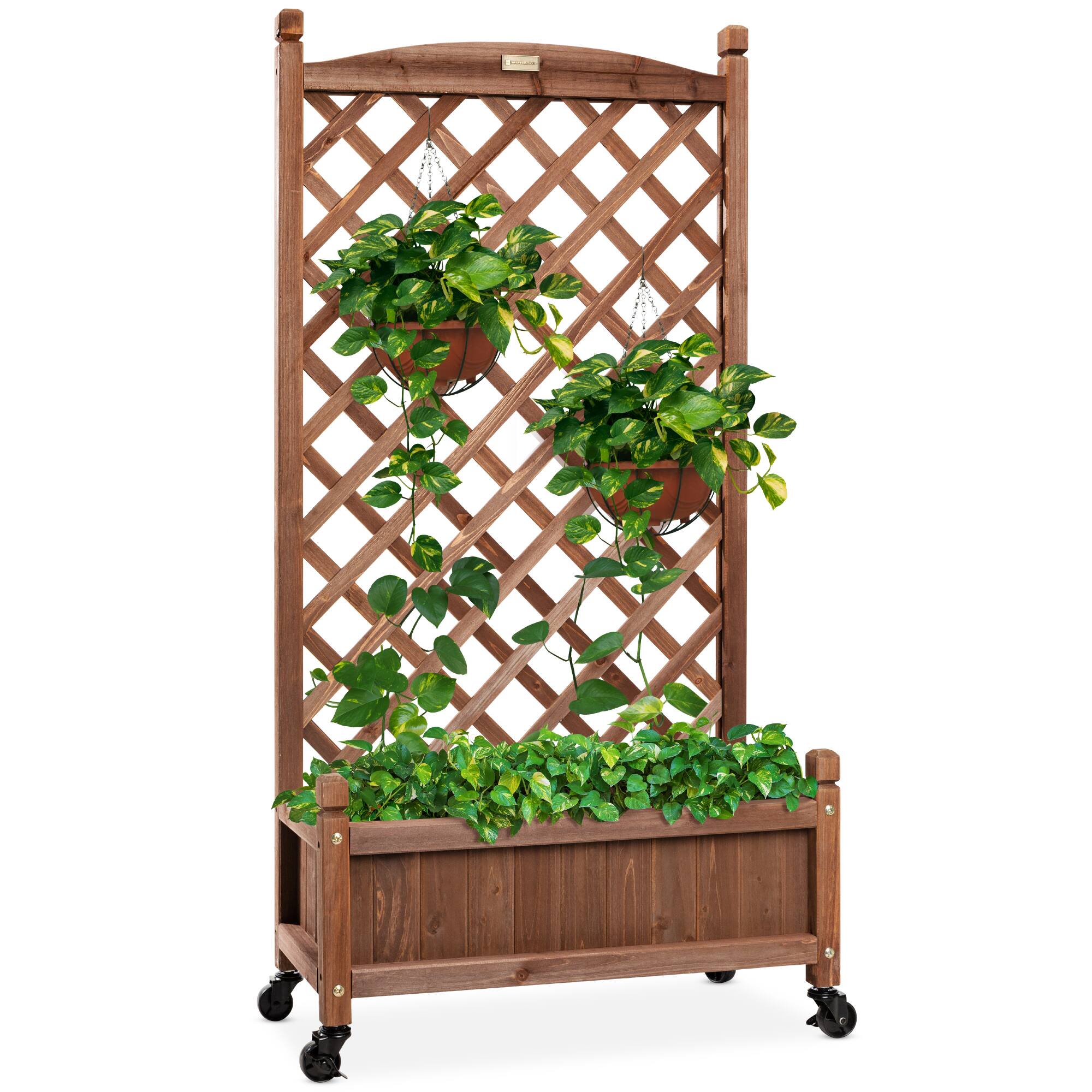 Front. Best Choice Products - Best Choice Products 48in Mobile Wood Planter Box & Diamond Lattice Trellis, w/ Drainage Holes, Optional Wheels - Walnut - Brown.