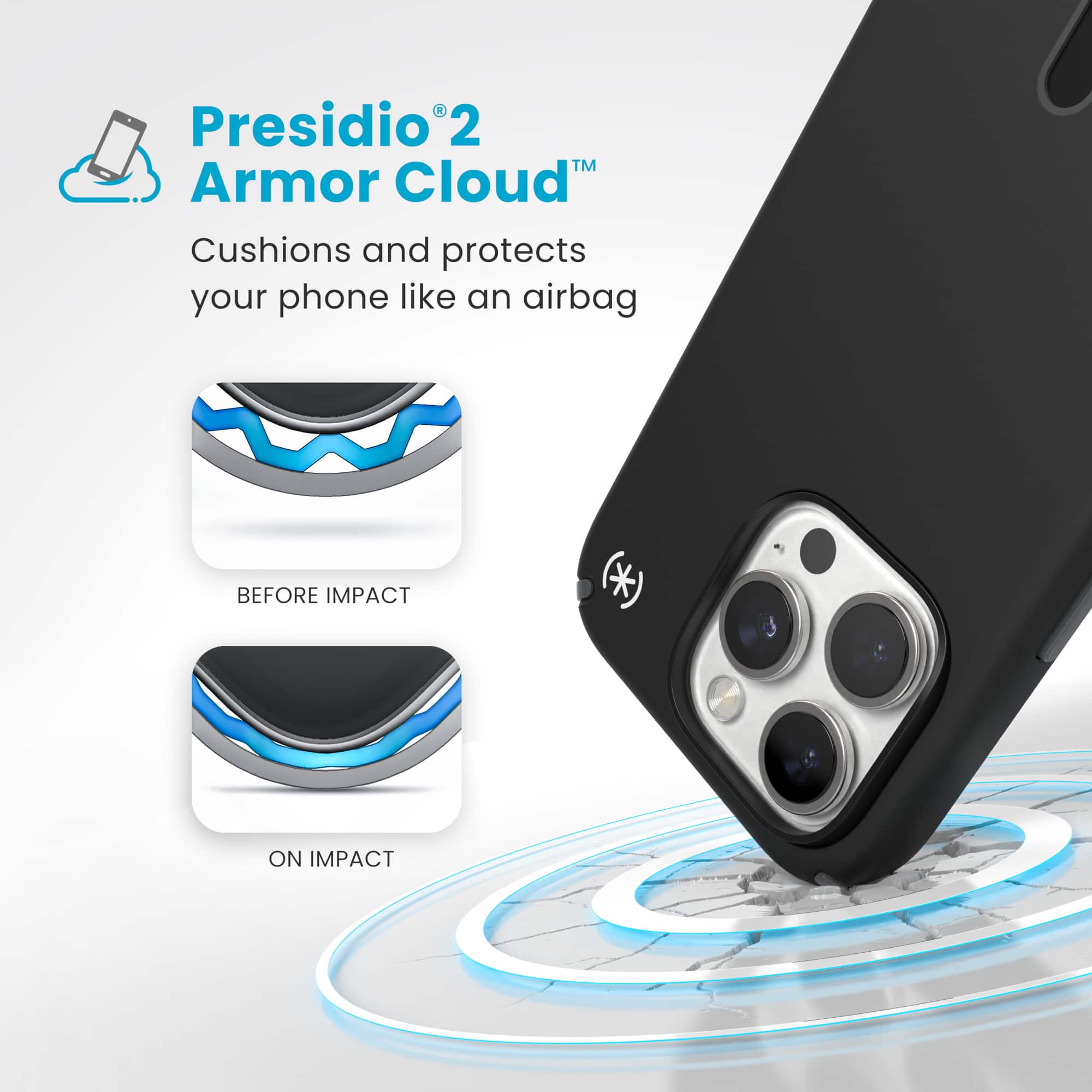 Presidio 2 Armor Cloud: Cushions and protects your phone like an airbag. Before impact. On impact.