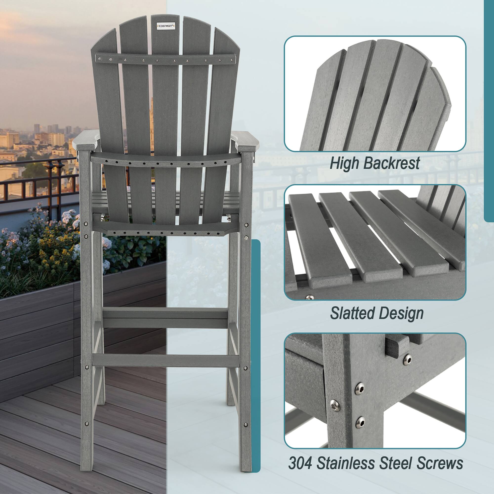 E - High Backrest, Slatted Design, 304 Stainless Steel Screws