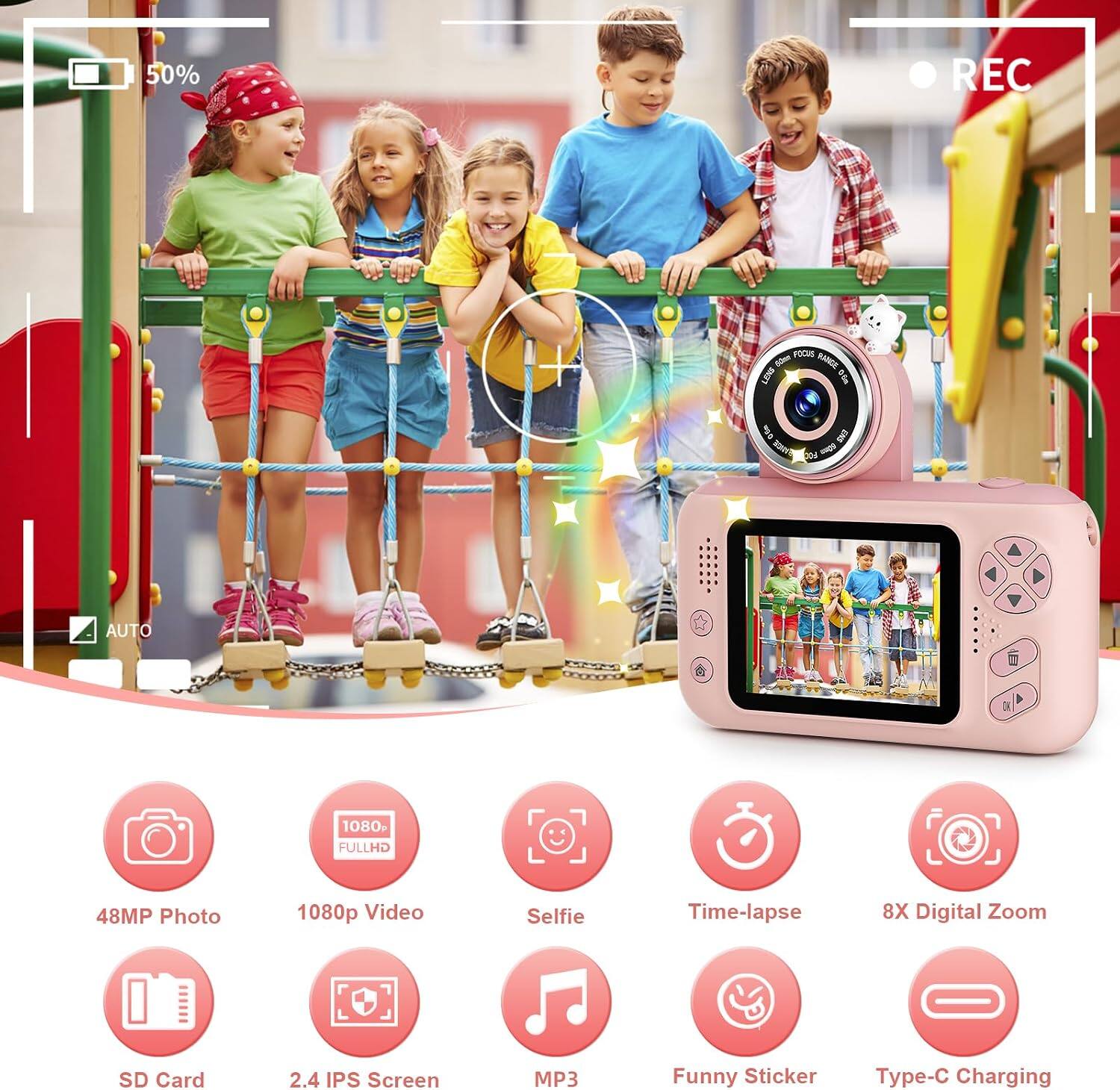50%
REC
FOCUS 60cm RANGE LENS
Ode
Ola ENS ANGE 600 -
AUTO
OK
1080 FULLHD
48MP Photo
1080p Video
Selfie
Time-lapse
8X Digital Zoom
SD Card
2.4 IPS Screen
MP3
Funny Sticker
Type-C Charging