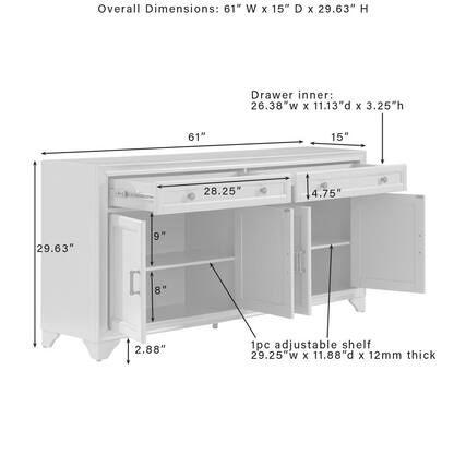Overall Dimensions: 61" W x 15" D x 29.63" H
Drawer inner: 26.38" W x 11.13" D x 3.25" H
1pc adjustable shelf: 29.25" W x 11.88" D x 12mm thick