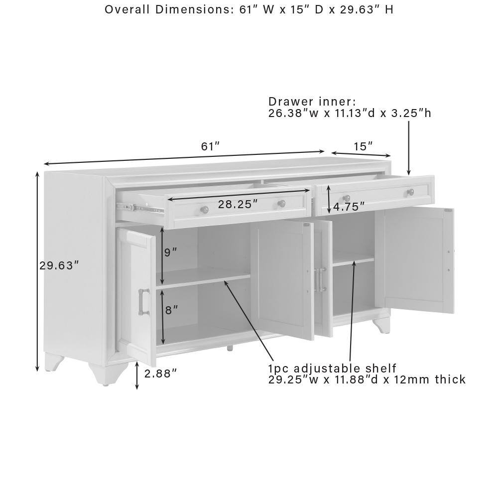 Overall Dimensions: 61" W x 15" D x 29.63" H  
Drawer inner: 26.38" W x 11.13" D x 3.25" H  
1pc adjustable shelf: 29.25" W x 11.88" D x 12mm thick