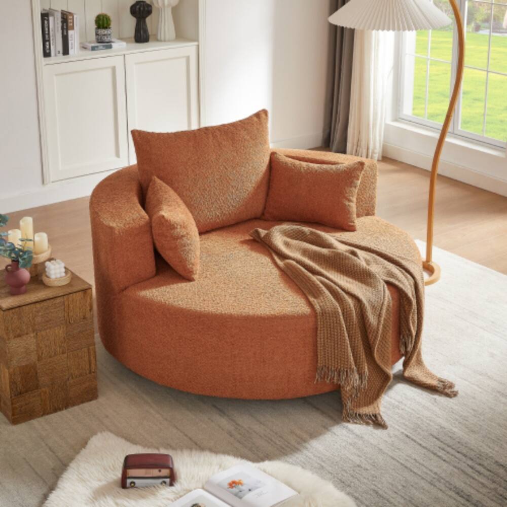 Alt View 2. LUCKY ONE - 360° Swivel Round Barrel Accent Chair w/ 3 Removable Pillows Deep Seat Chenille - Red.