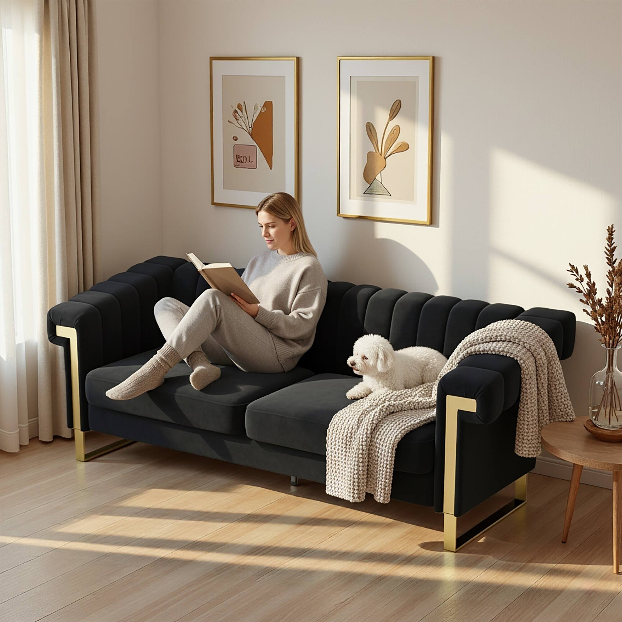 Left. Anysun - Modern 3-Seat Cream Velvet Sofa with Gold Accents - Channel-Tufted for Living Room & Office. - Black.